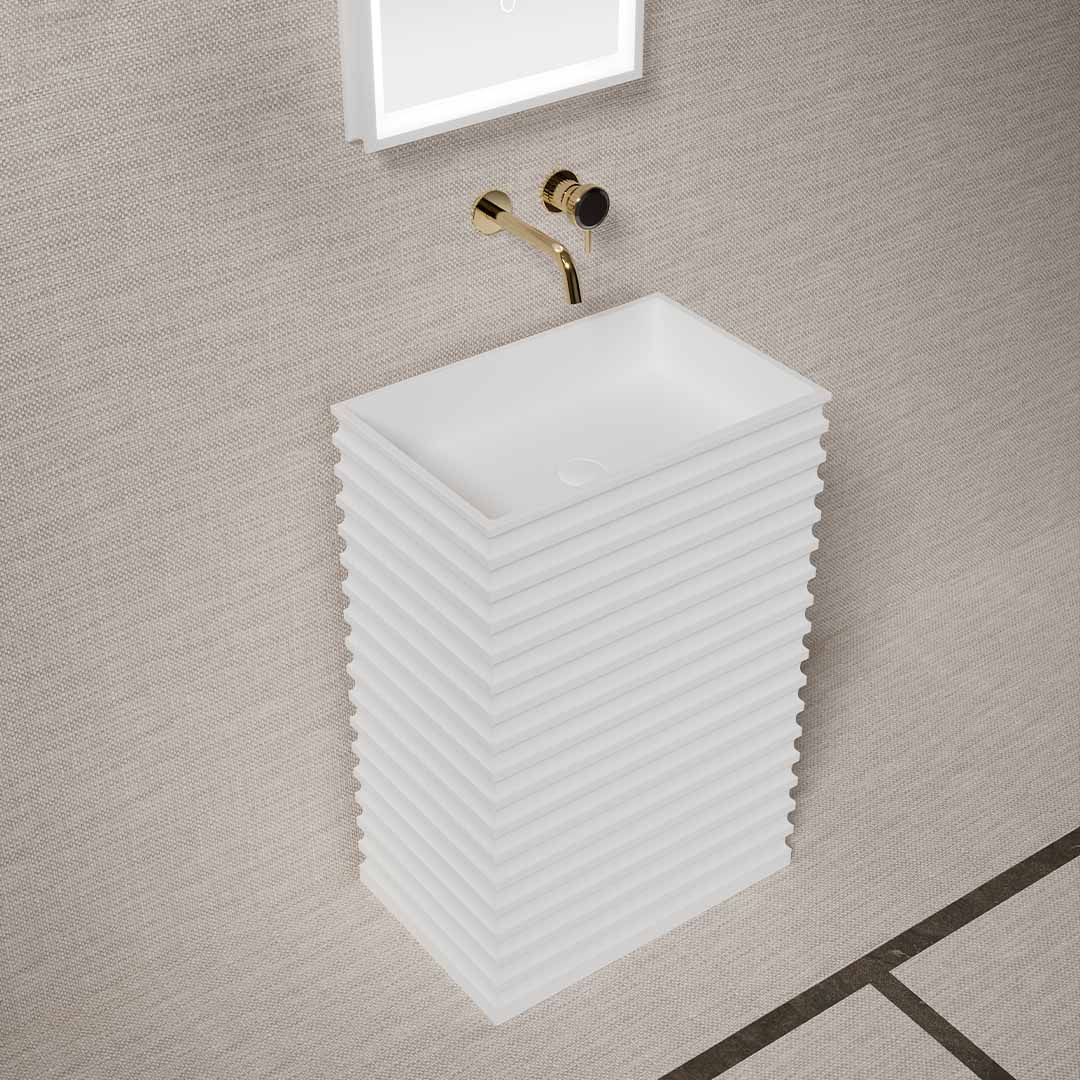 Lavoar freestanding, dreptunghiular, din compozit, alb, 58x38 cm, cu riflaje, MonBlari