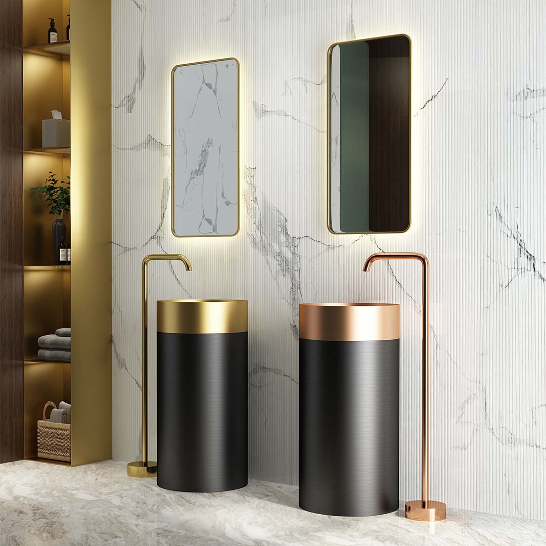 Lavoar freestanding Eima, 40 cm, rotund, otel inoxidabil, negru cu auriu, Elysium