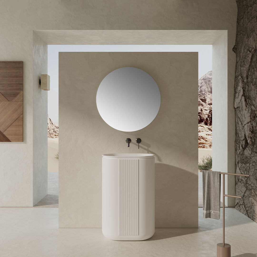 Lavoar freestanding, oval, din compozit, alb mat, 58x38 cm, cu riflaje, MonBlari