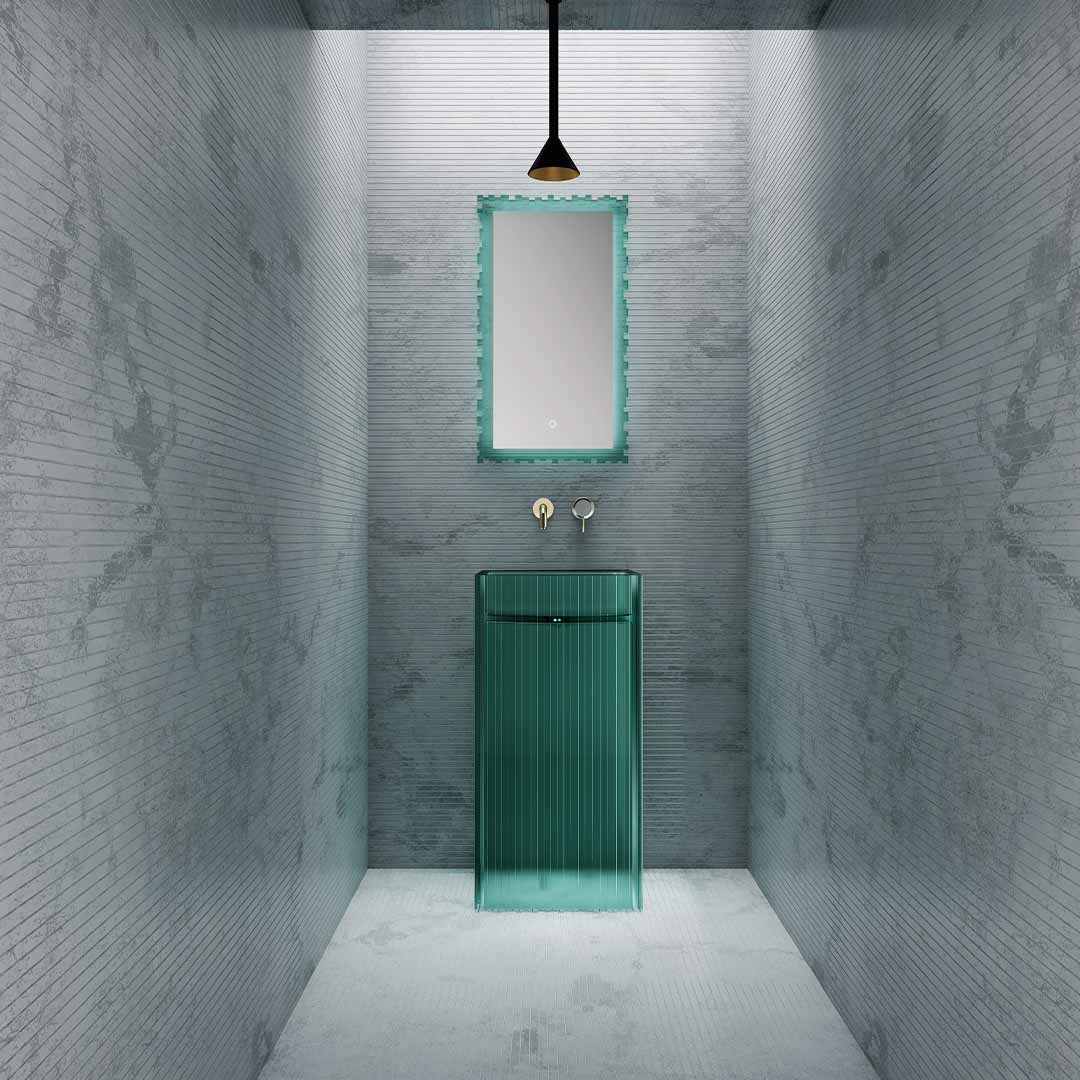 Lavoar freestanding, patrat, din rasina, turcoaz transparent, 45 cm, finisaj mat, MonBlari