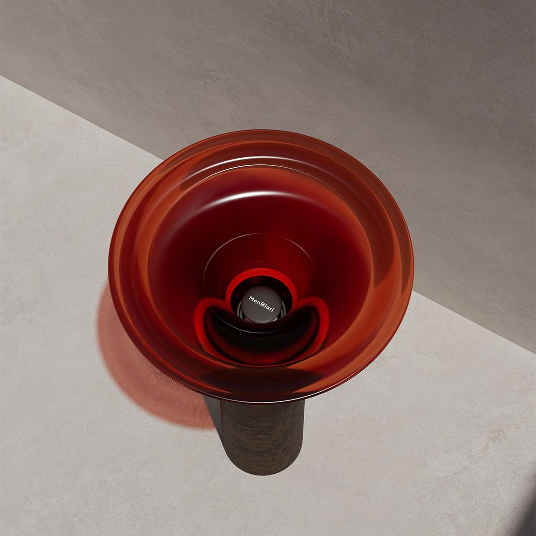 Lavoar freestanding, rotund, caramiziu transparent, cu corp maro, din rasina, 54 cm, finisaj mat, MonBlari