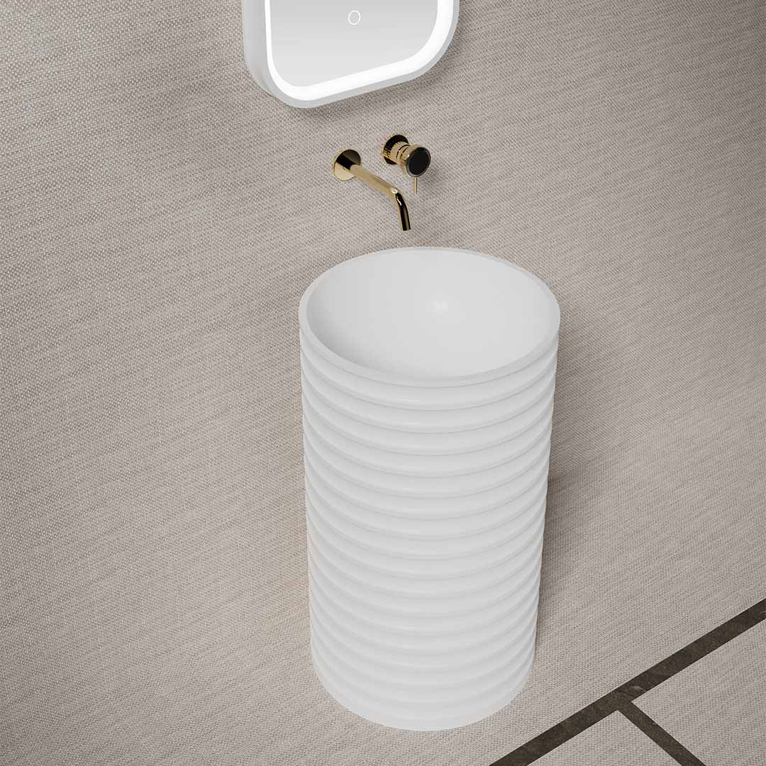 Lavoar freestanding, rotund, din compozit, alb, 50 cm, cu riflaje, MonBlari