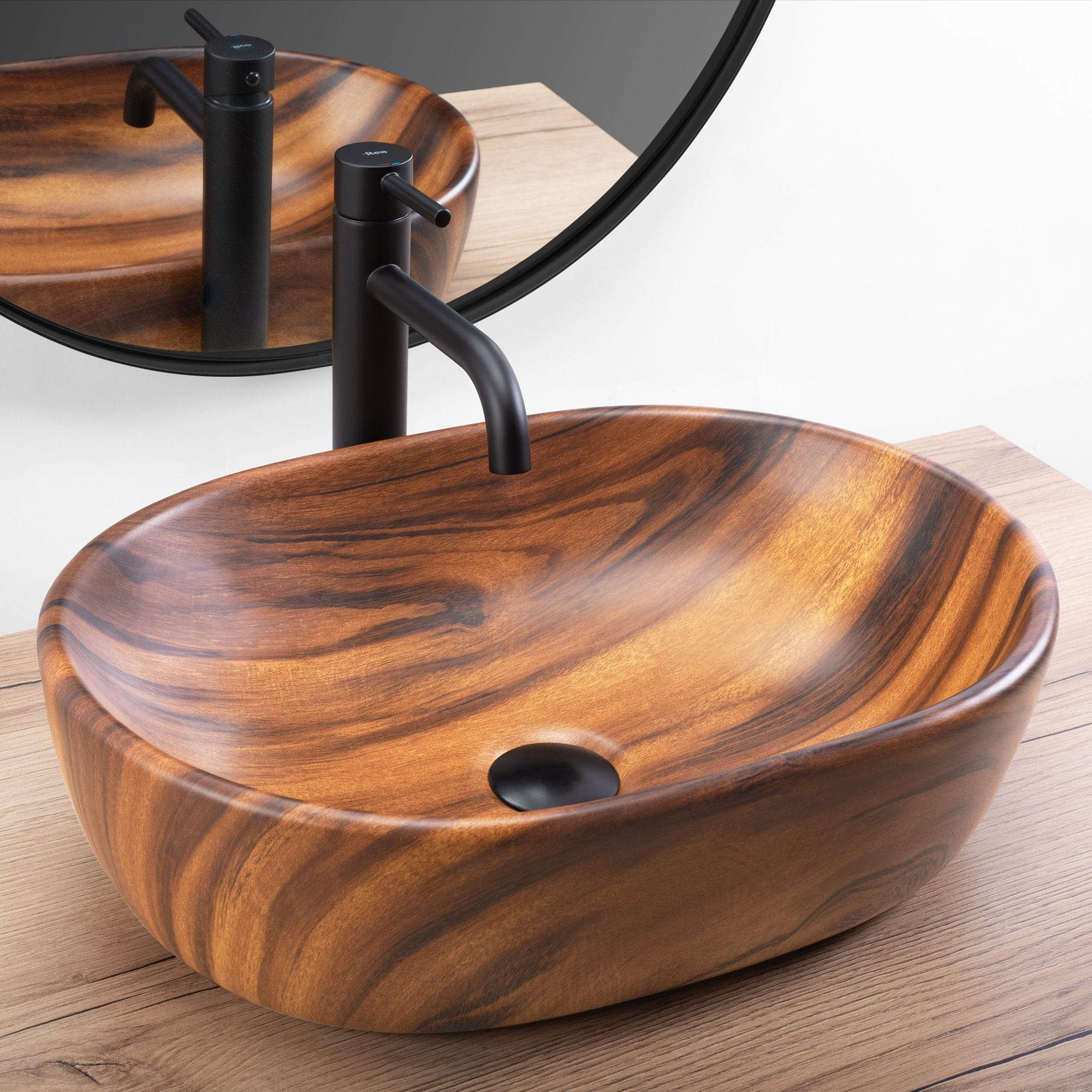 Lavoar pe blat ceramic Rea Amelia Wood , latime de 34.5 cm, imitatie lemn