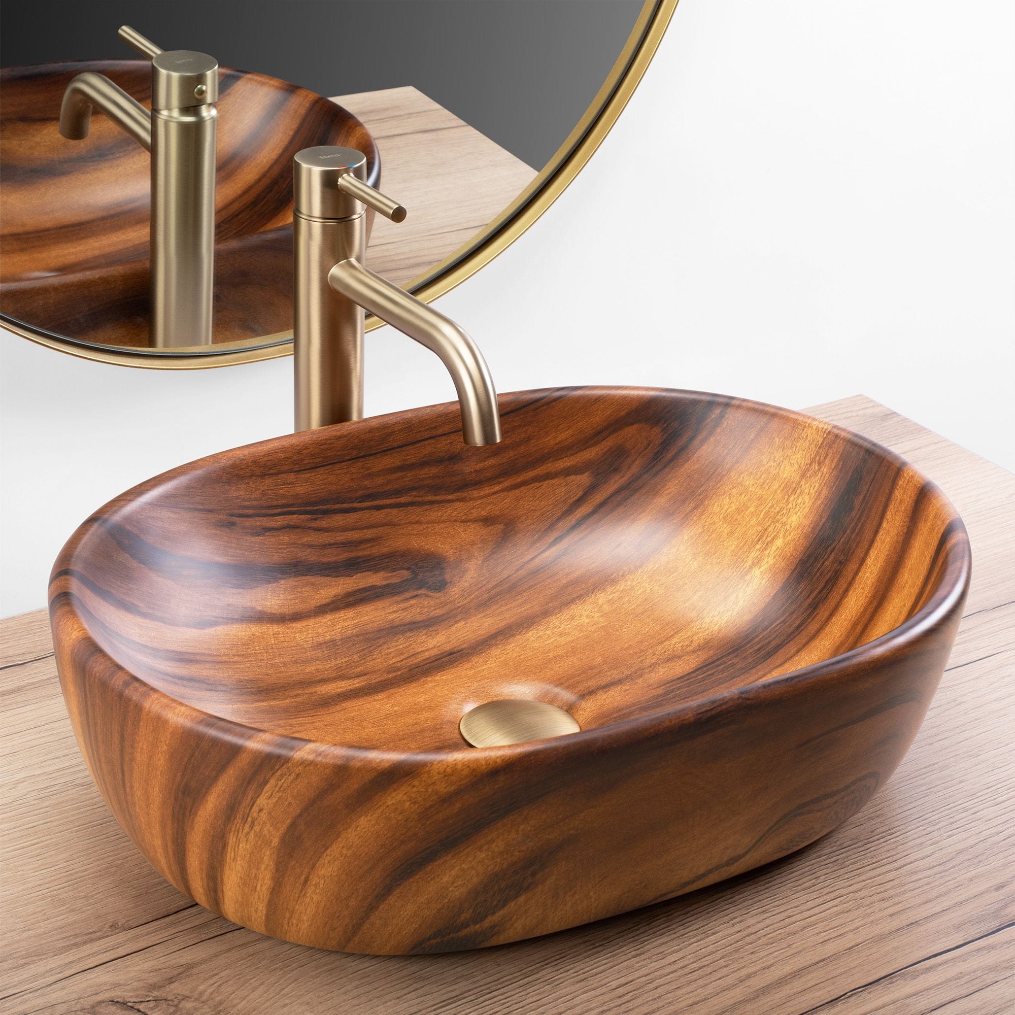 Lavoar pe blat ceramic Rea Amelia Wood , latime de 34.5 cm, imitatie lemn