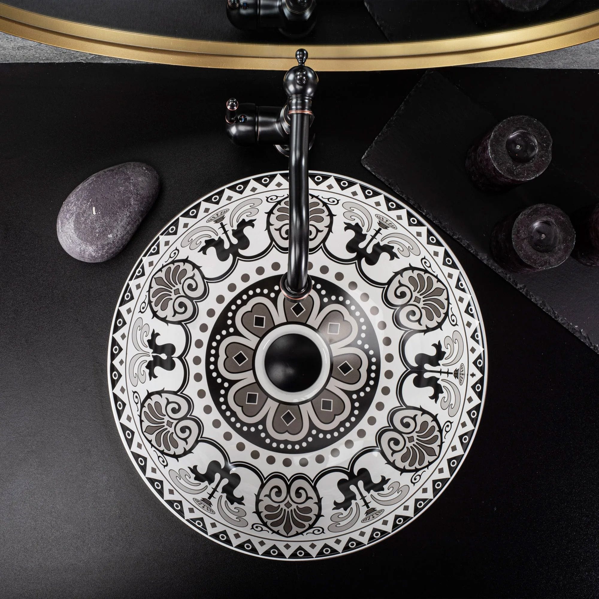 Lavoar pe blat ceramic Rea Etno, latime de 40 cm, alb-negru