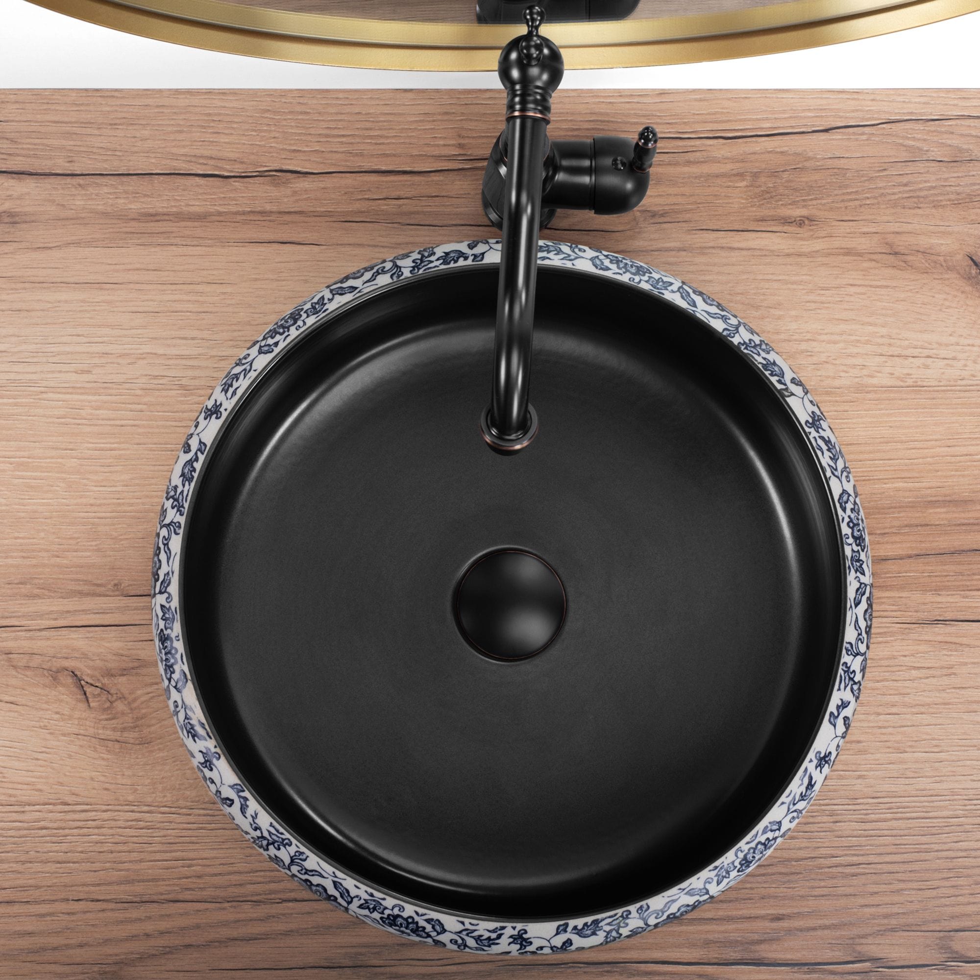 Lavoar pe blat ceramic Rea Florisa, latime de 40 cm, negru inflorat