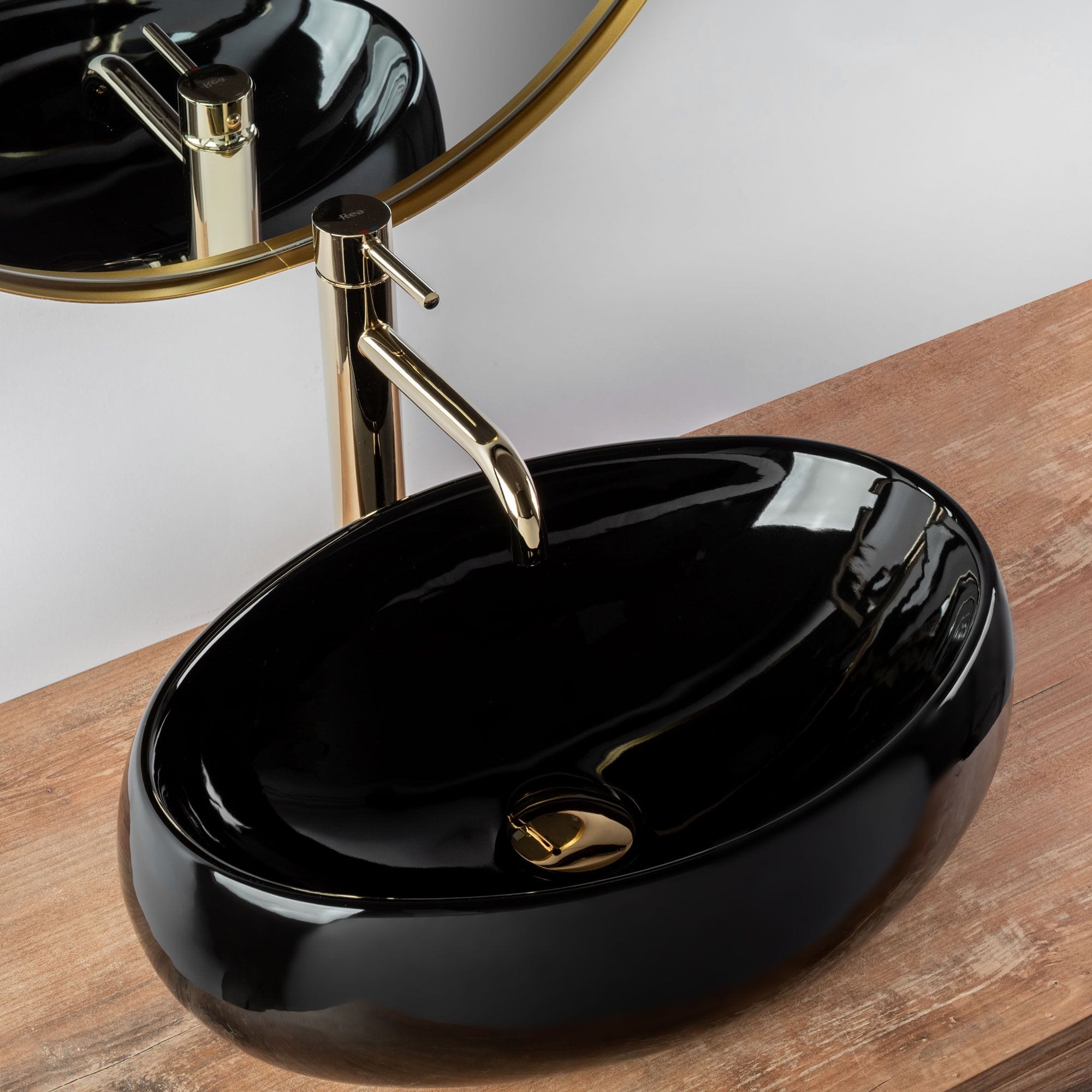 Lavoar pe blat ceramic Rea Linda Black , latime de 34 cm, negru lucios