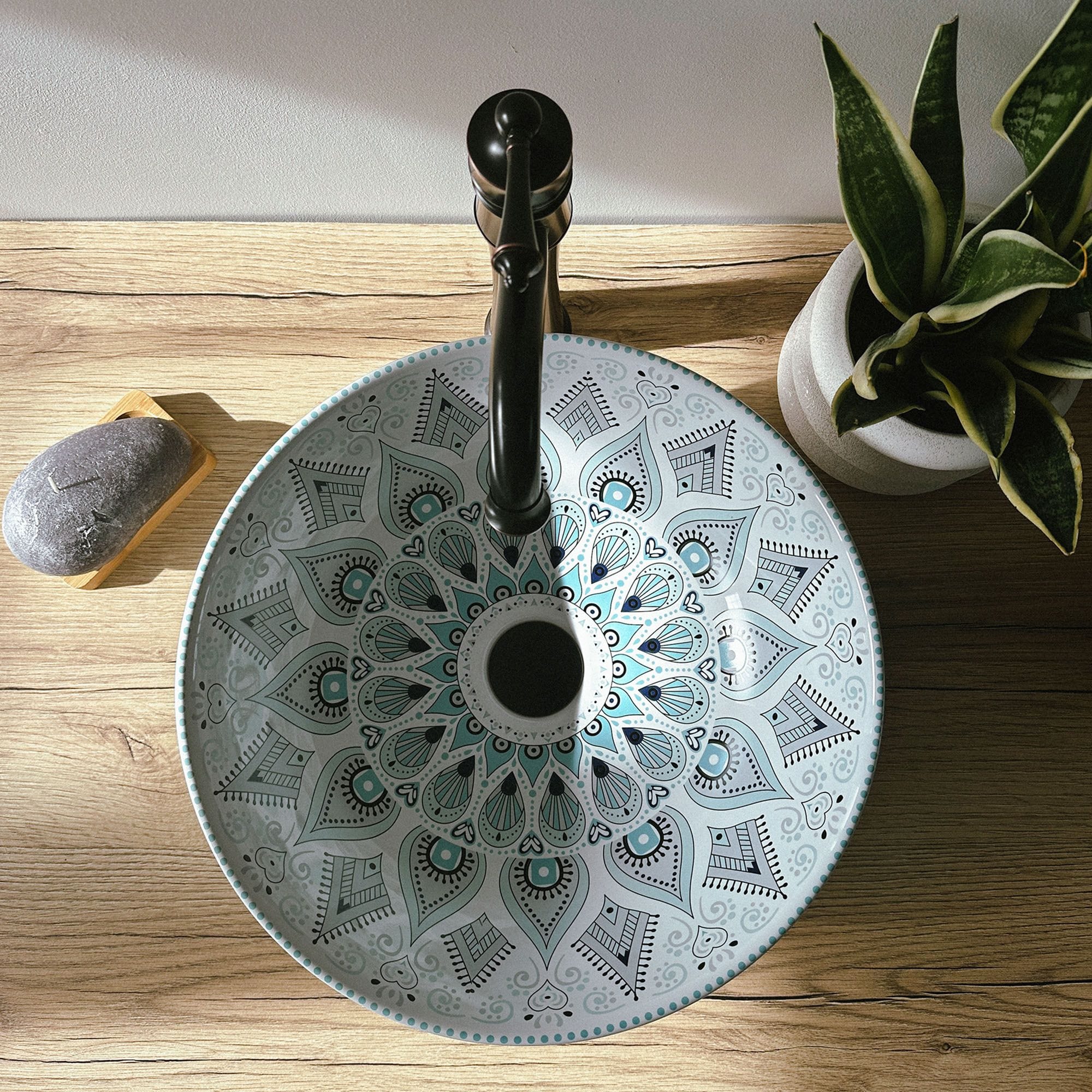 Lavoar pe blat ceramic Rea Mandala, latime de 40 cm, multicolor