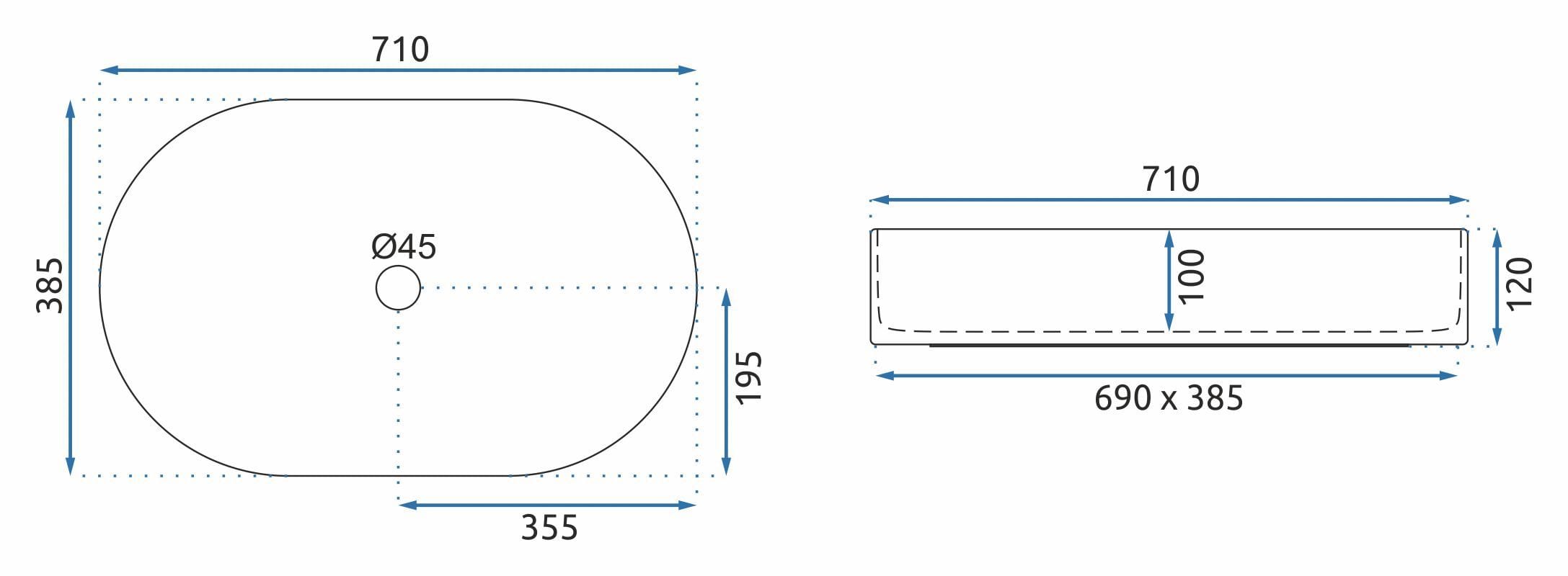 Lavoar pe blat ceramic Rea Nadia 70 , latime de 38.5 cm, alb