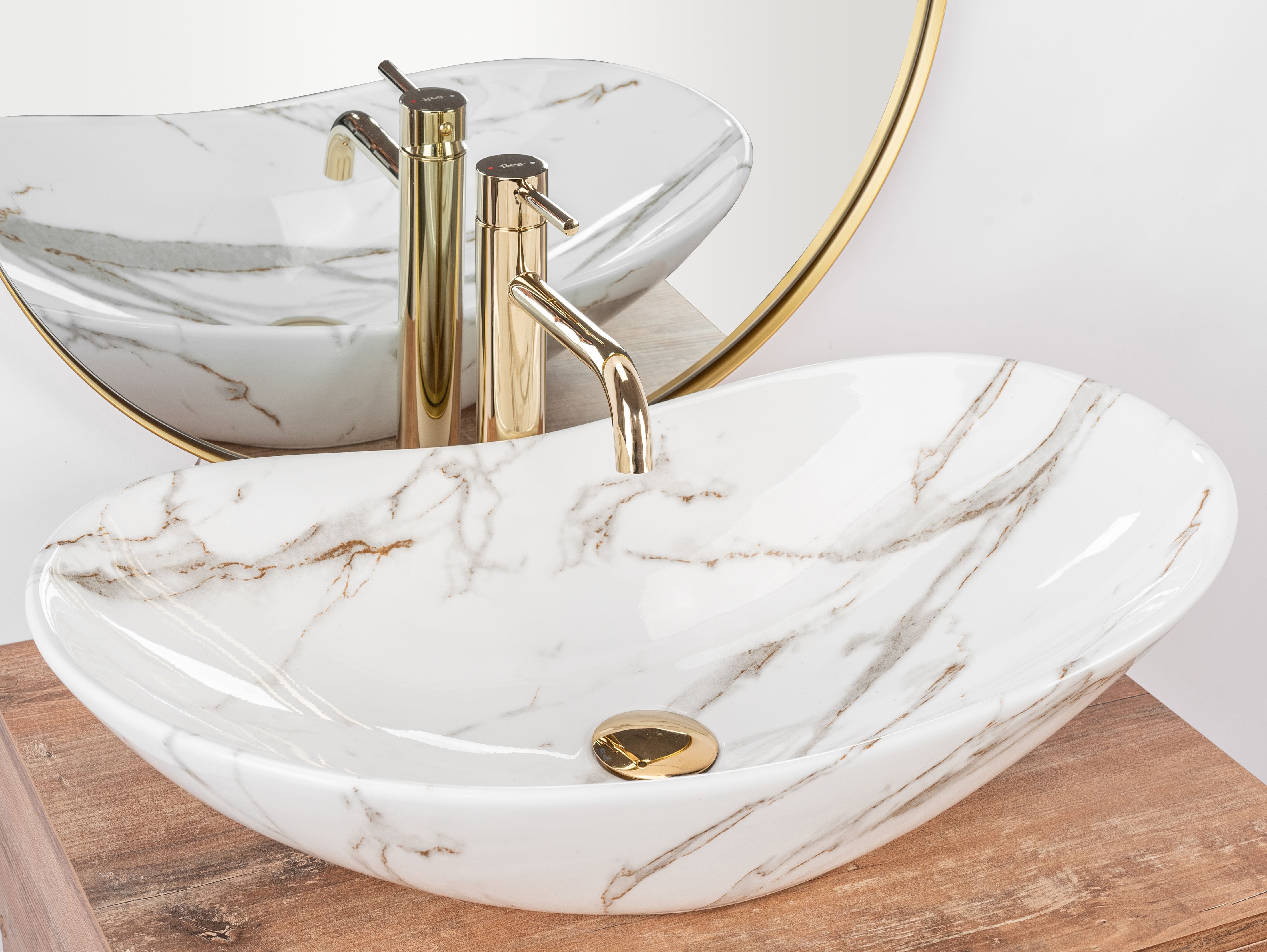 Lavoar pe blat ceramic Rea Royal Lava , latime de 36 cm, imitatie piatra