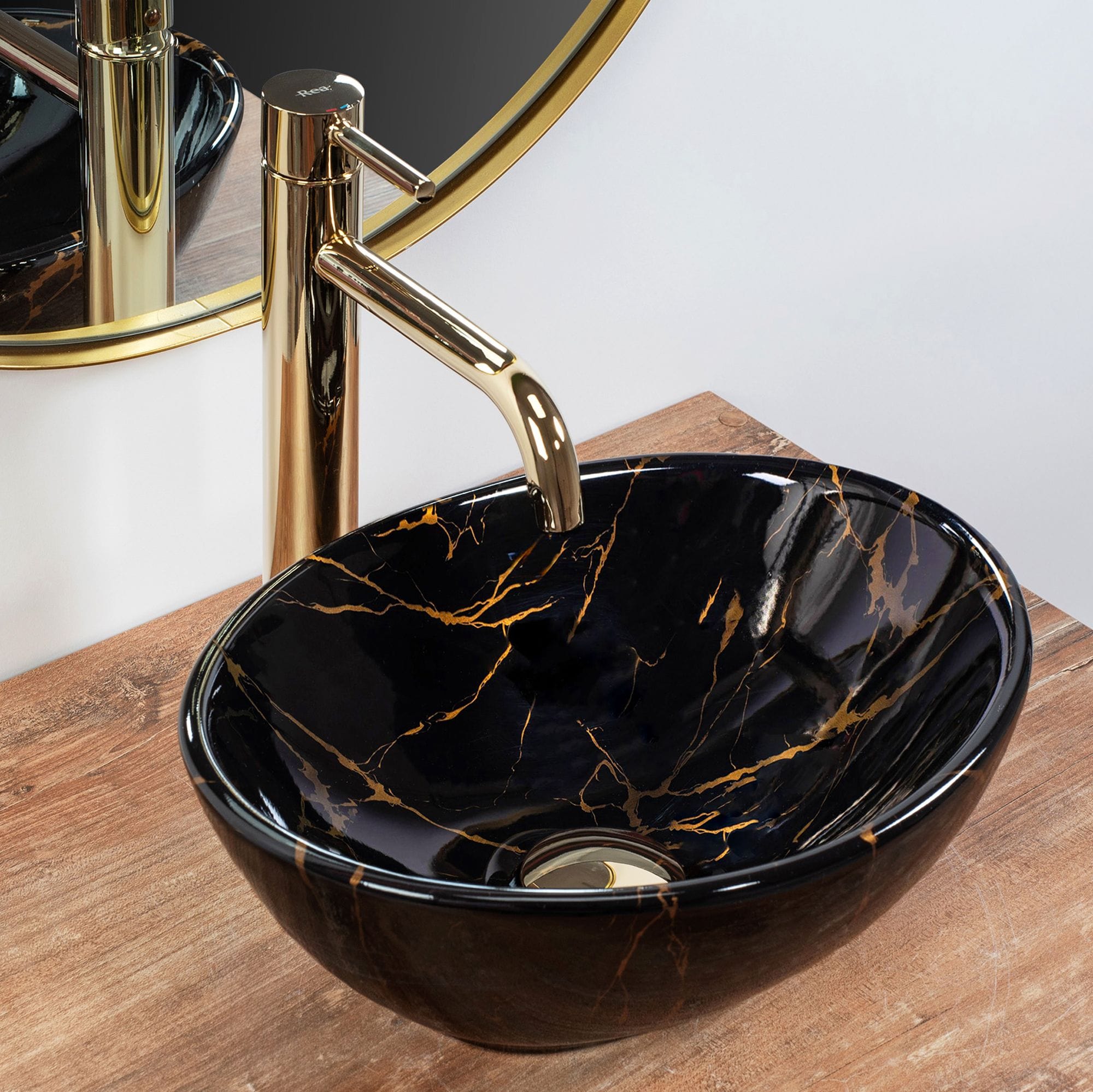 Lavoar pe blat ceramic Rea Sofia Mini  , 35 cm,  negru cu auriu