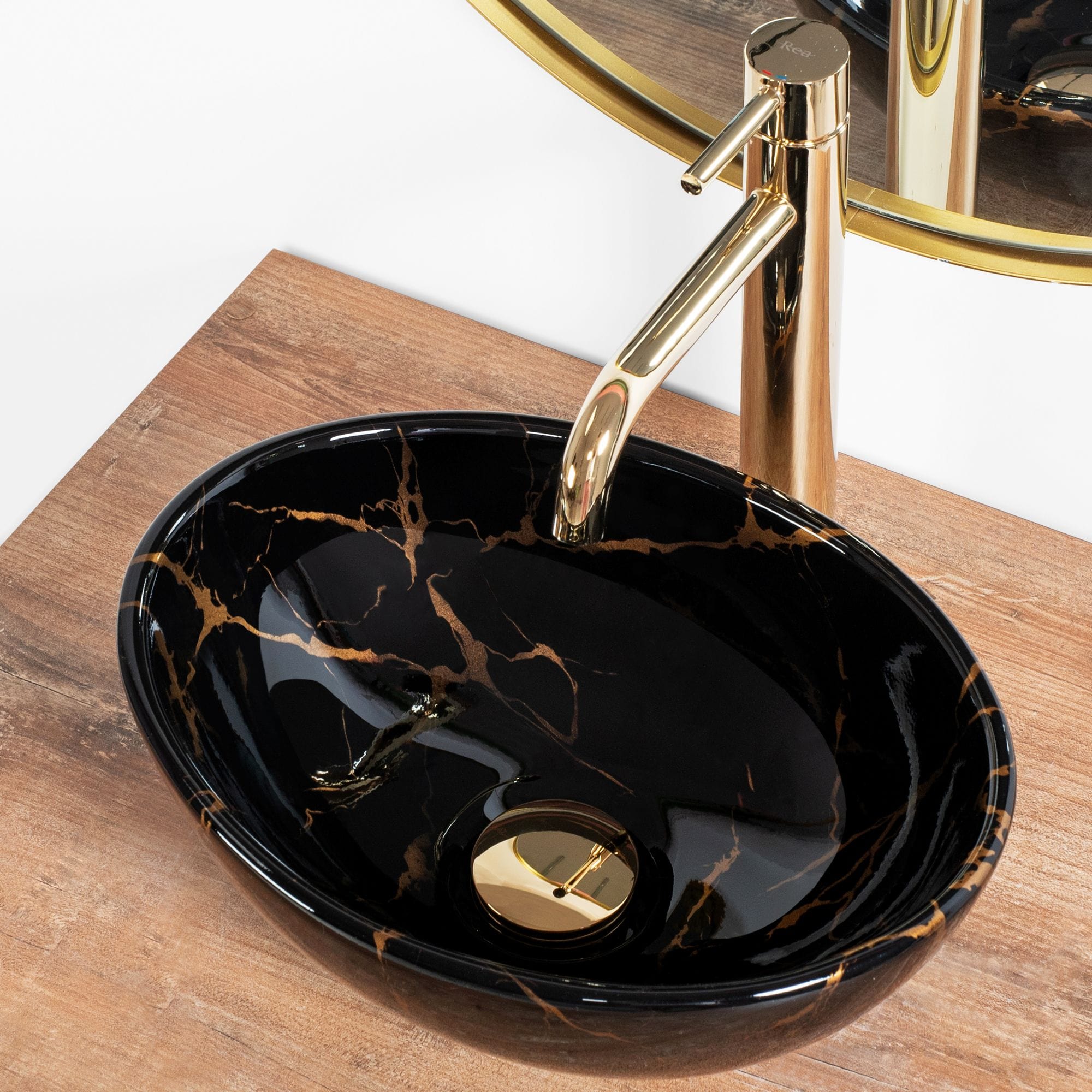 Lavoar pe blat ceramic Rea Sofia Mini  , 35 cm,  negru cu auriu