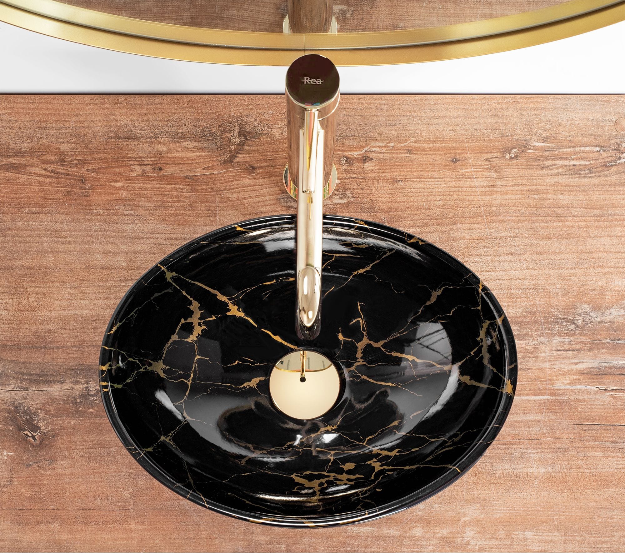 Lavoar pe blat ceramic Rea Sofia Mini  , 35 cm,  negru cu auriu