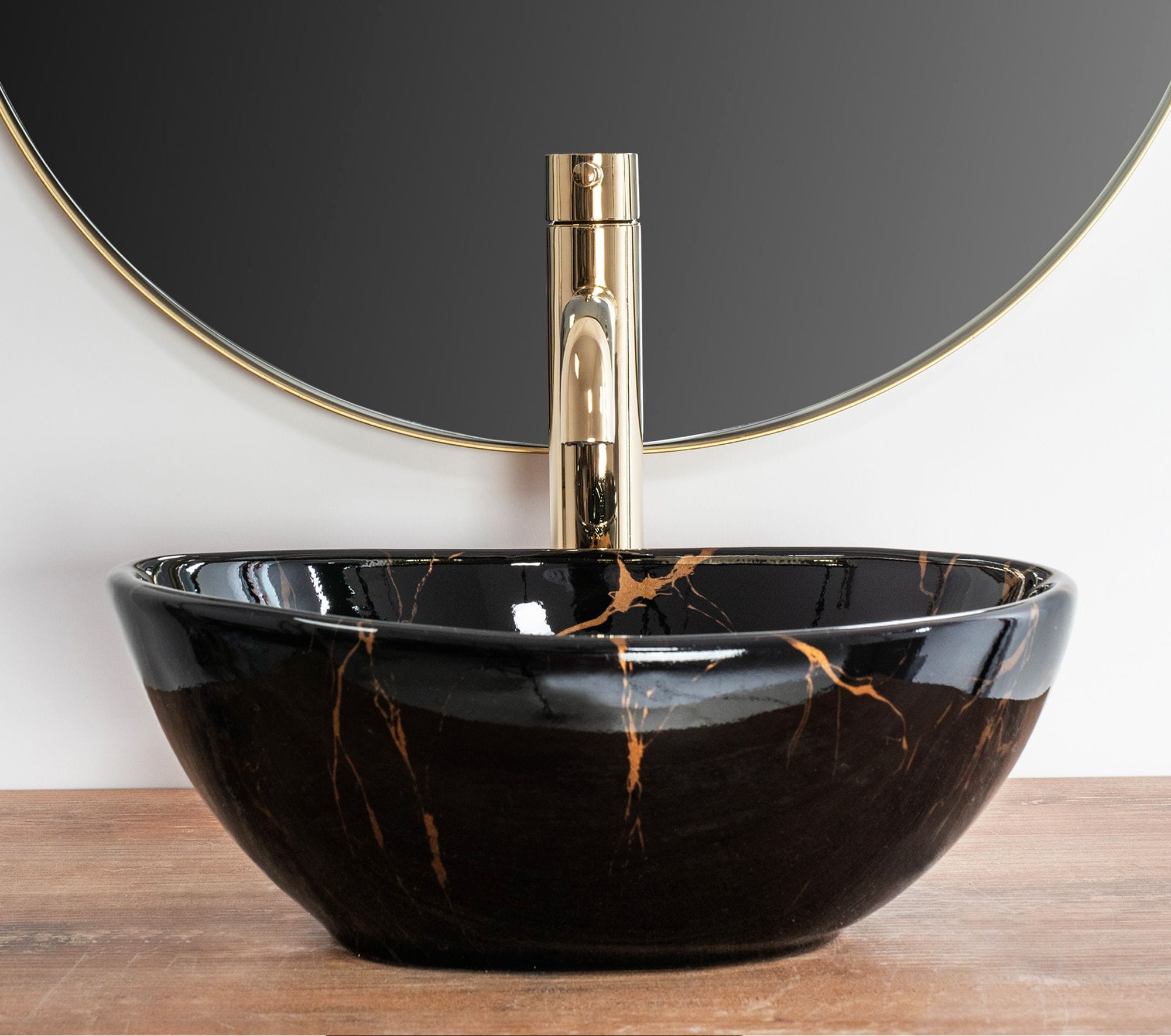 Lavoar pe blat ceramic Rea Sofia Mini  , latime de 27 cm,  negru cu auriu
