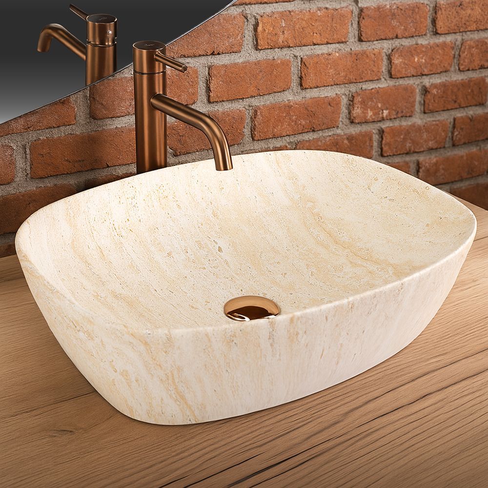 Lavoar pe blat Rea Freja Travertine, 51 cm, imitatie piatra