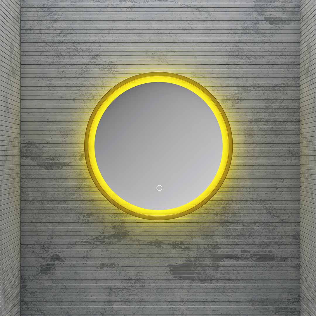 Oglinda de baie, cu led si touch, rotunda, rama transparenta galbena, 60 cm, MonBlari