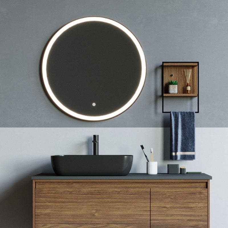 Oglinda Fluminia Black-Boy-90 cu rama de aluminiu finisaj negru, iluminare LED 3 culori si dezaburire, rotunda, 90 cm