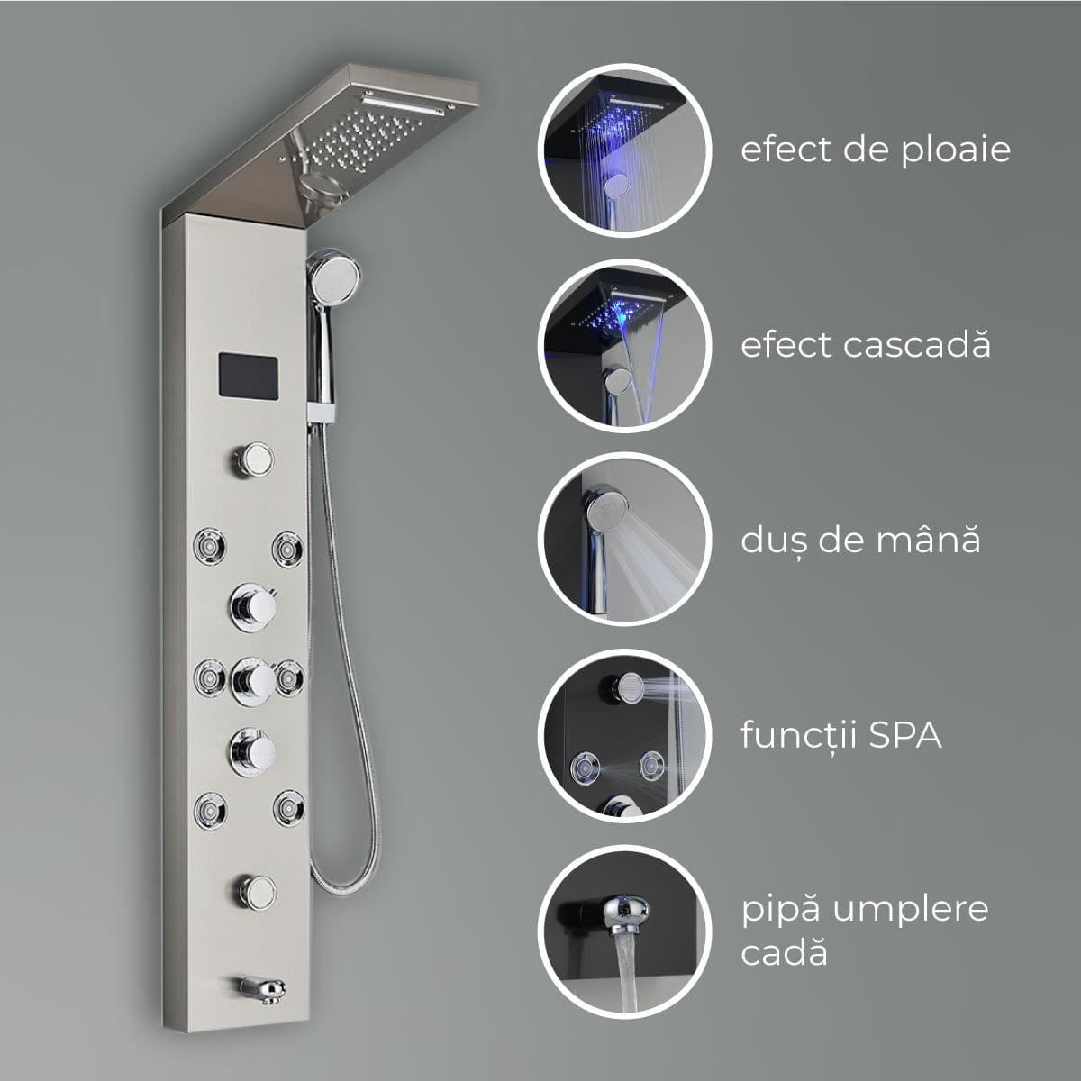 Panel de Dus cu LED 1153, cu efect de ploaie si jeturi cu masaj, cod 1153