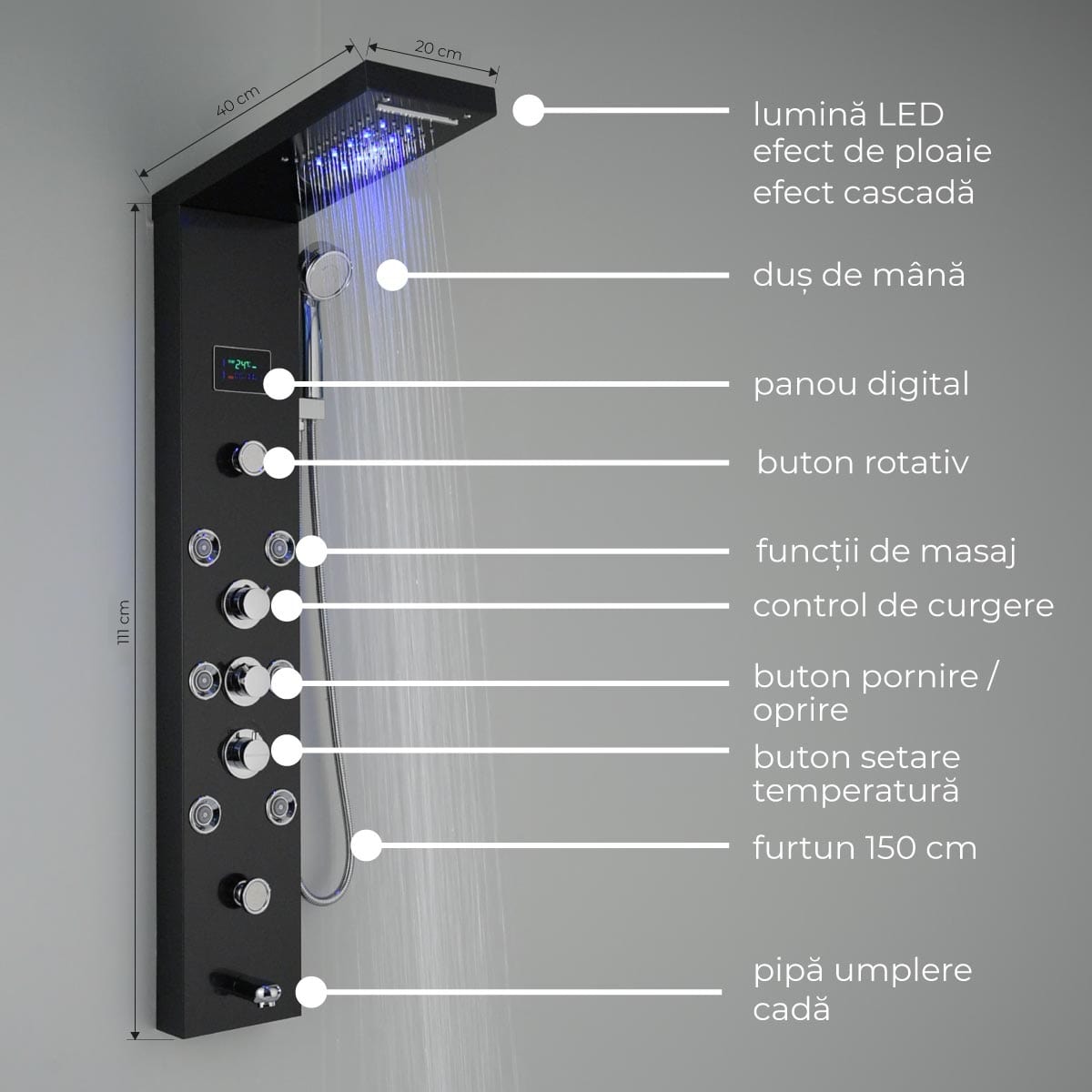 Panel de Dus cu LED 1154, cu efect de ploaie si jeturi cu masaj, cod 1154
