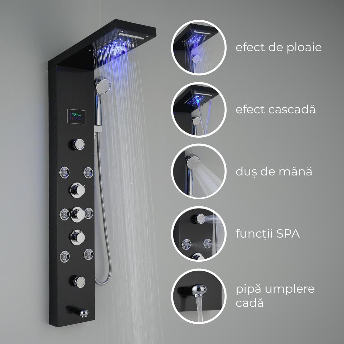 Panel de Dus cu LED 1154, cu efect de ploaie si jeturi cu masaj, cod 1154
