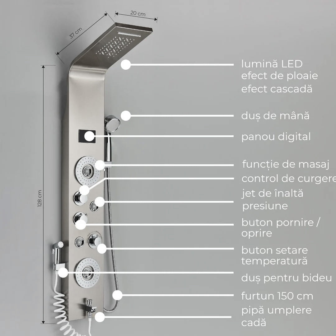Panel de Dus cu LED, cu efect de ploaie si jeturi cu masaj, cod 1439