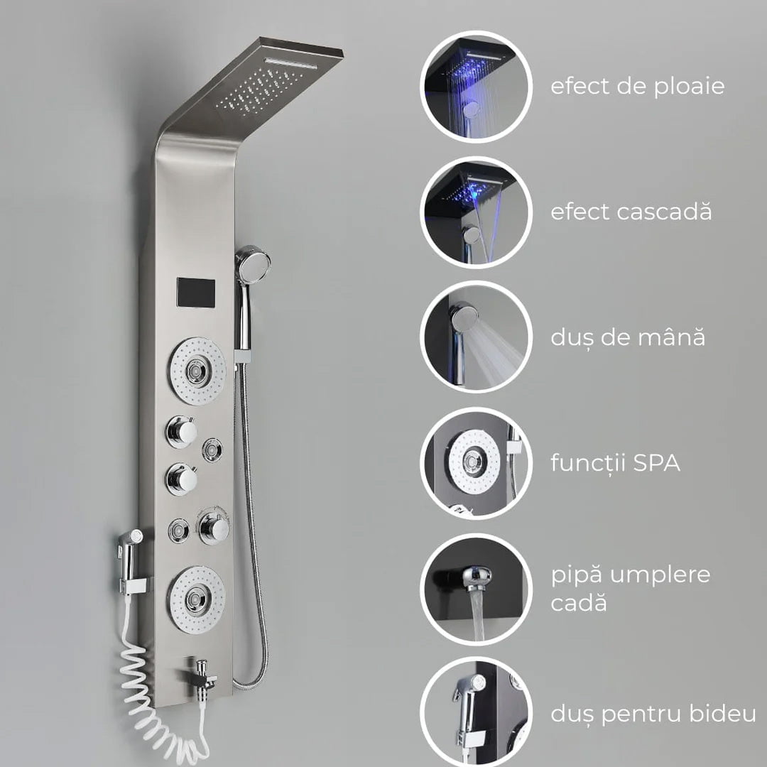 Panel de Dus cu LED, cu efect de ploaie si jeturi cu masaj, cod 1439