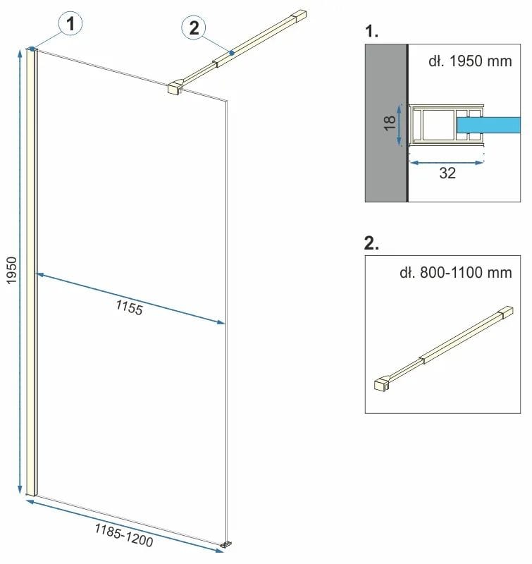 Paravan de duș Rea Aero+Evo, tip walk-in, cu suport de prosoape, auriu periat, 100 cm