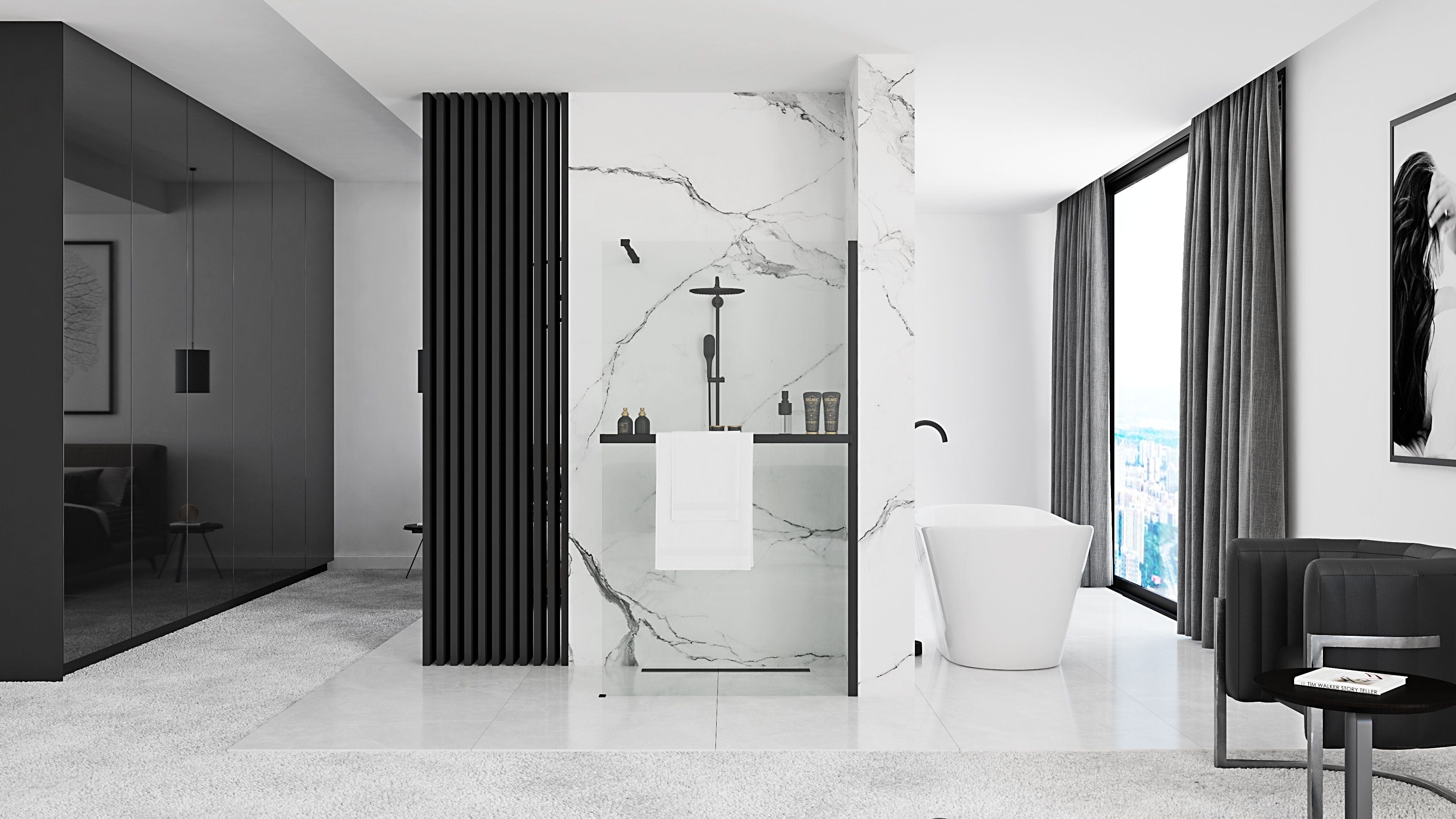 Paravan de duș Rea Aero Evo, tip walk-in, cu suport de prosoape, negru mat, 110 cm