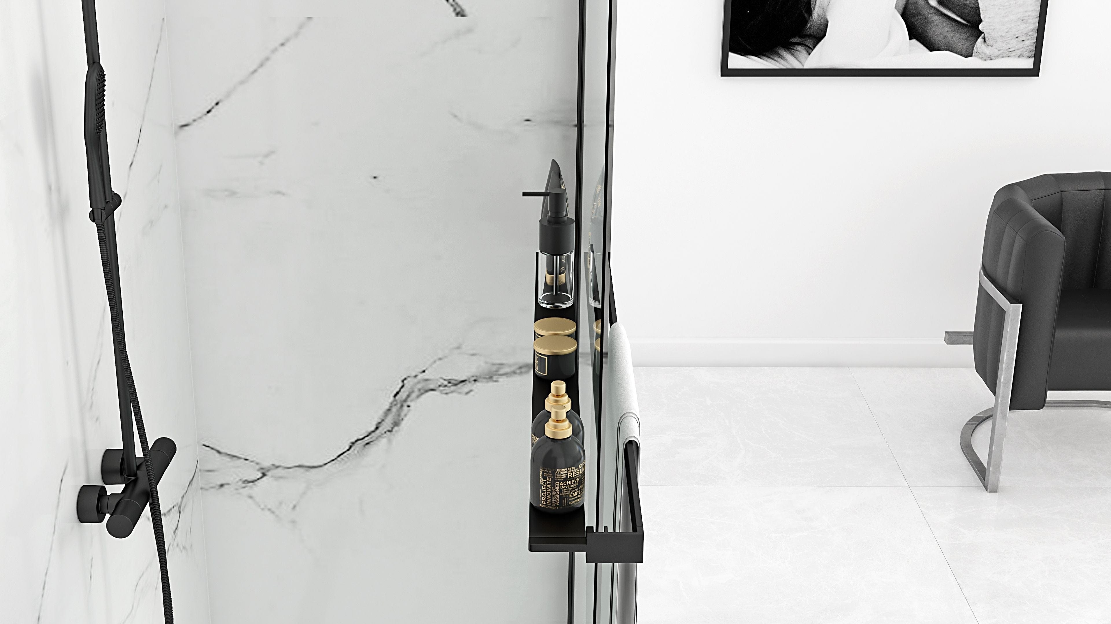 Paravan de duș Rea Aero Evo, tip walk-in, cu suport de prosoape, negru mat, 80 cm