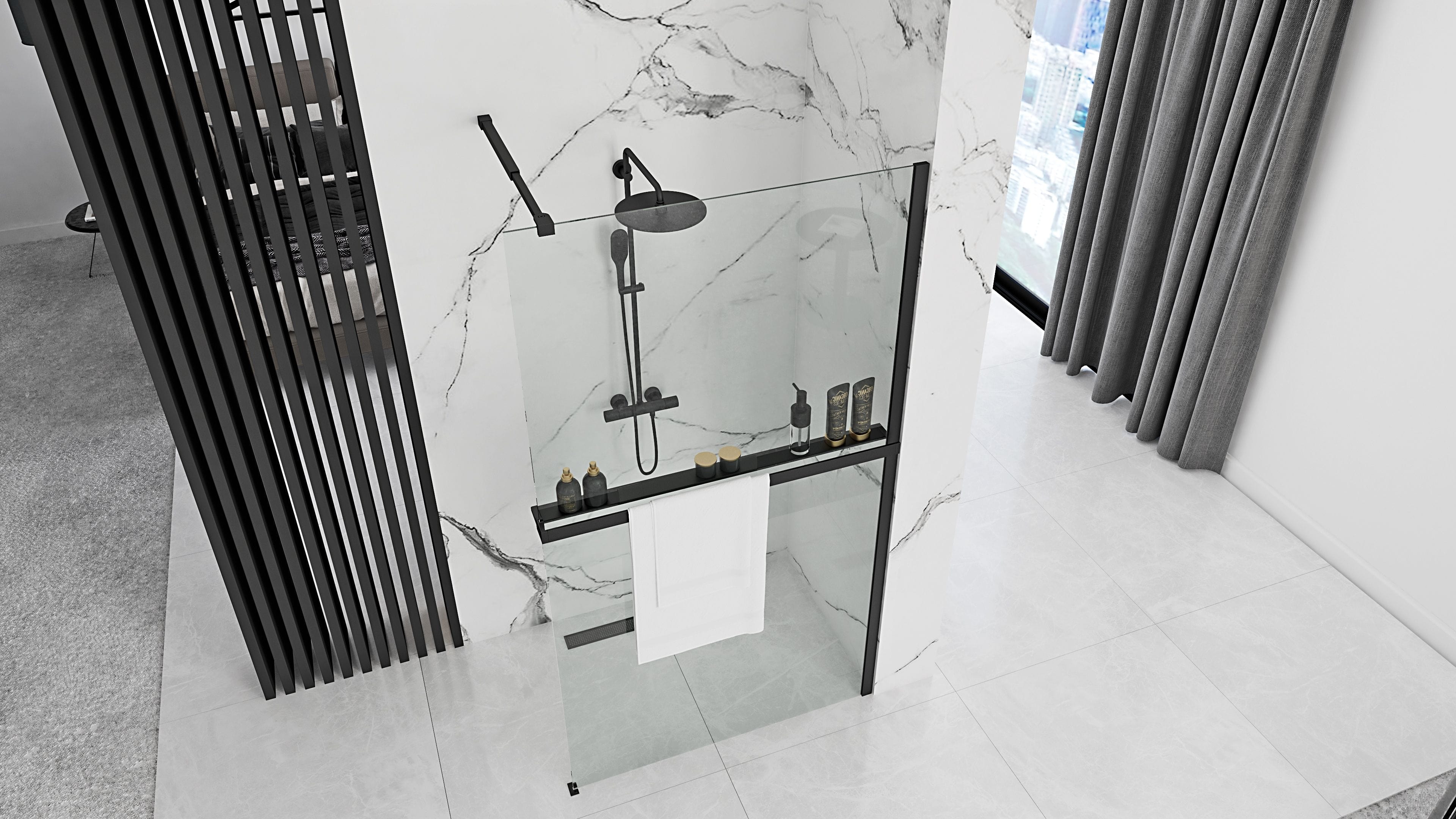 Paravan de duș Rea Aero Evo, tip walk-in, cu suport de prosoape, negru mat, 80 cm