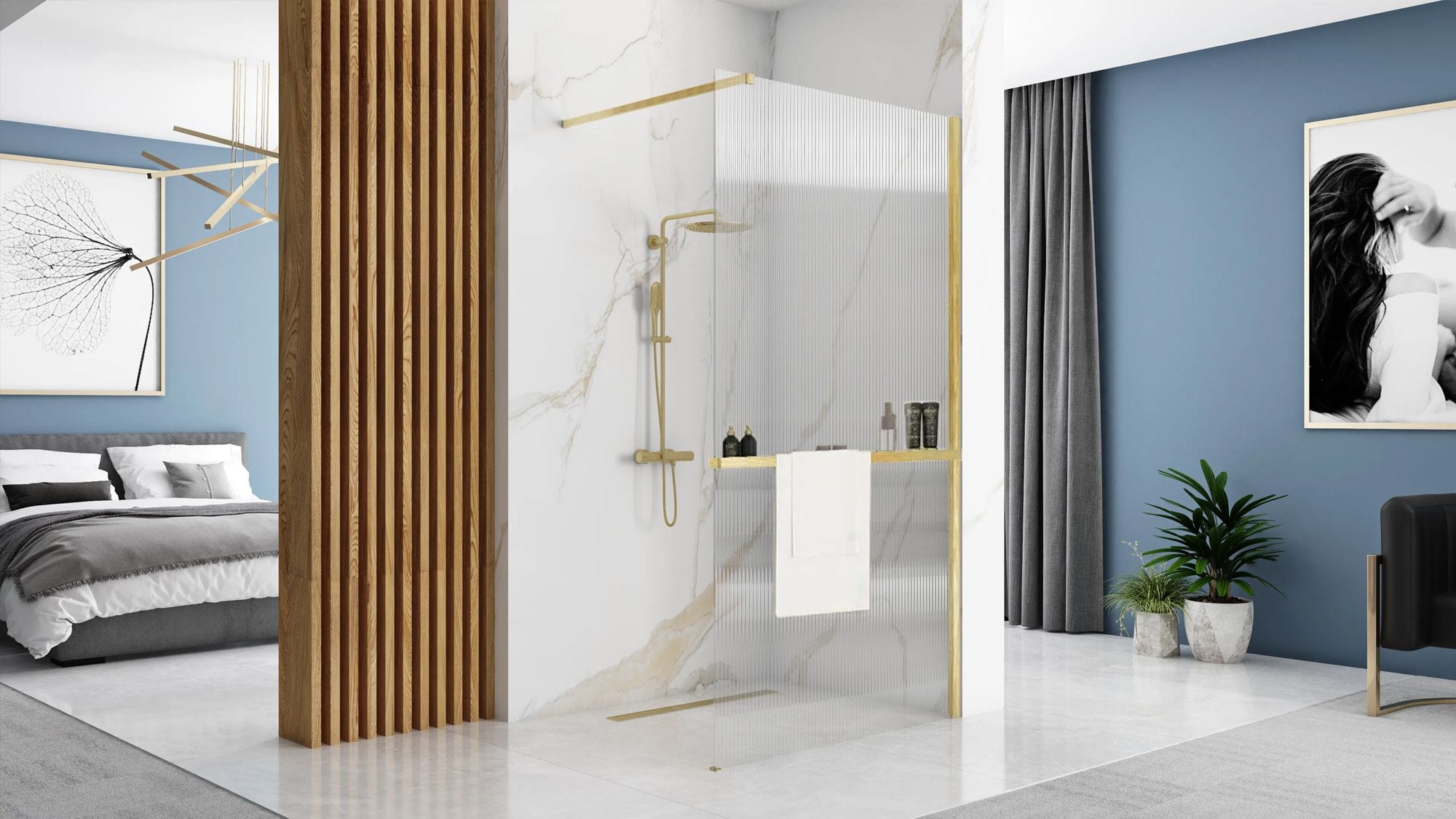 Paravan de duș Rea Aero Intimo+Evo, tip walk-in, geam riflat cu suport de prosoape, auriu periat, 120 cm