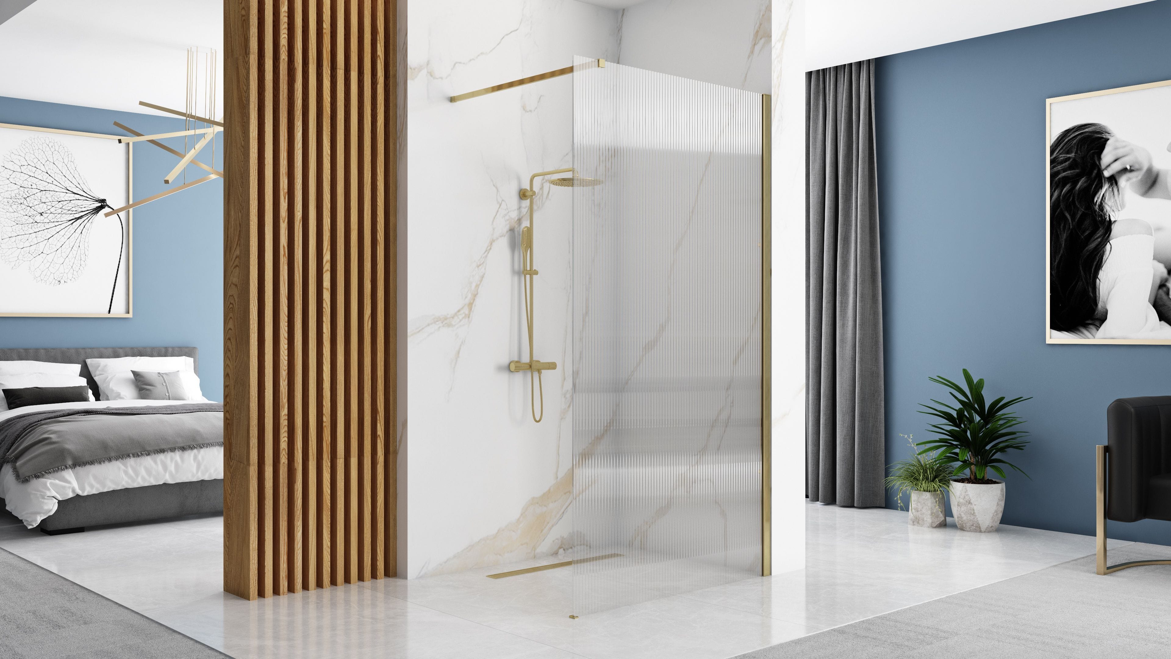 Paravan de duș Rea Aero Intimo, tip walk-in cu geam riflat, auriu periat, 100 cm