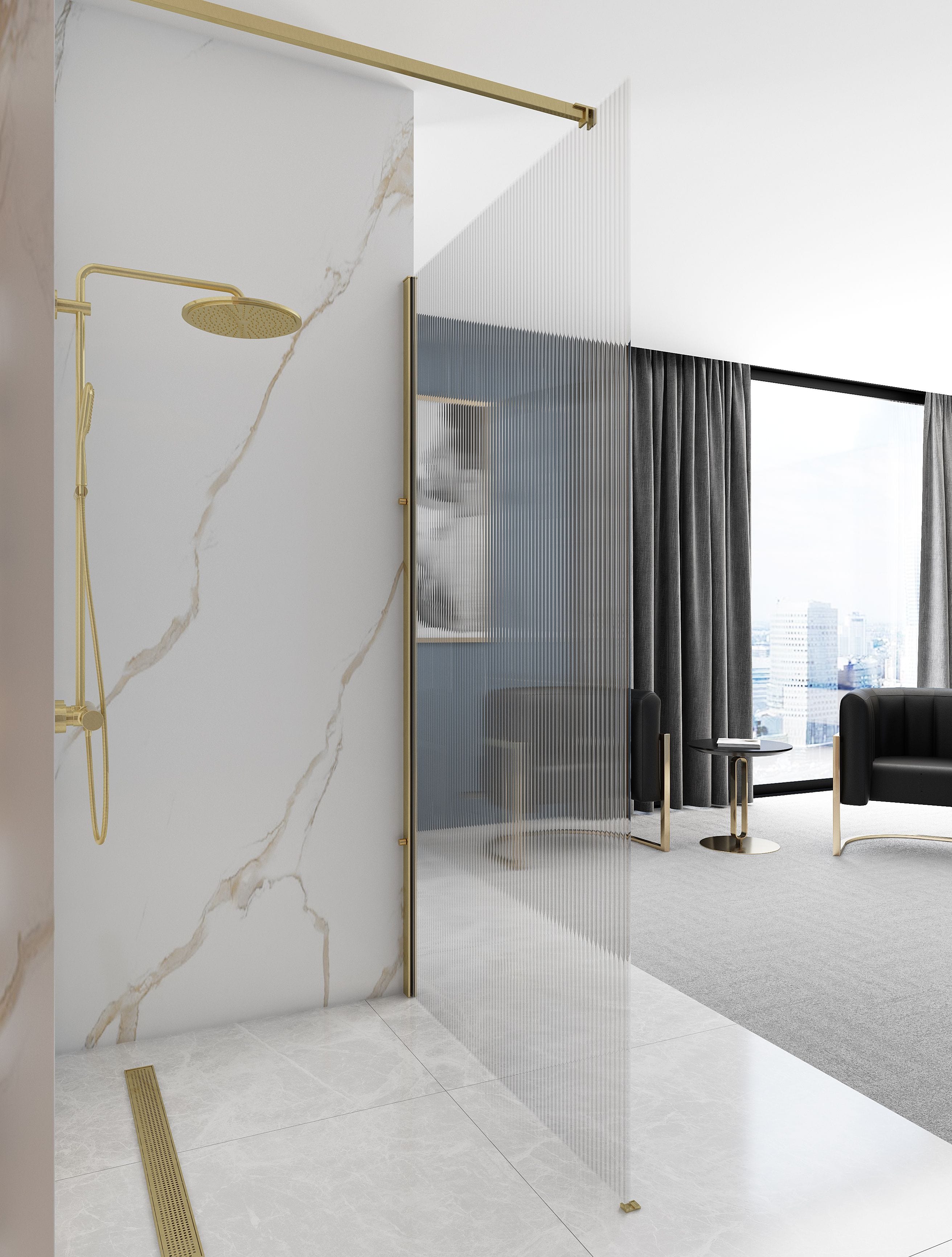 Paravan de duș Rea Aero Intimo, tip walk-in cu geam riflat, auriu periat, 90 cm