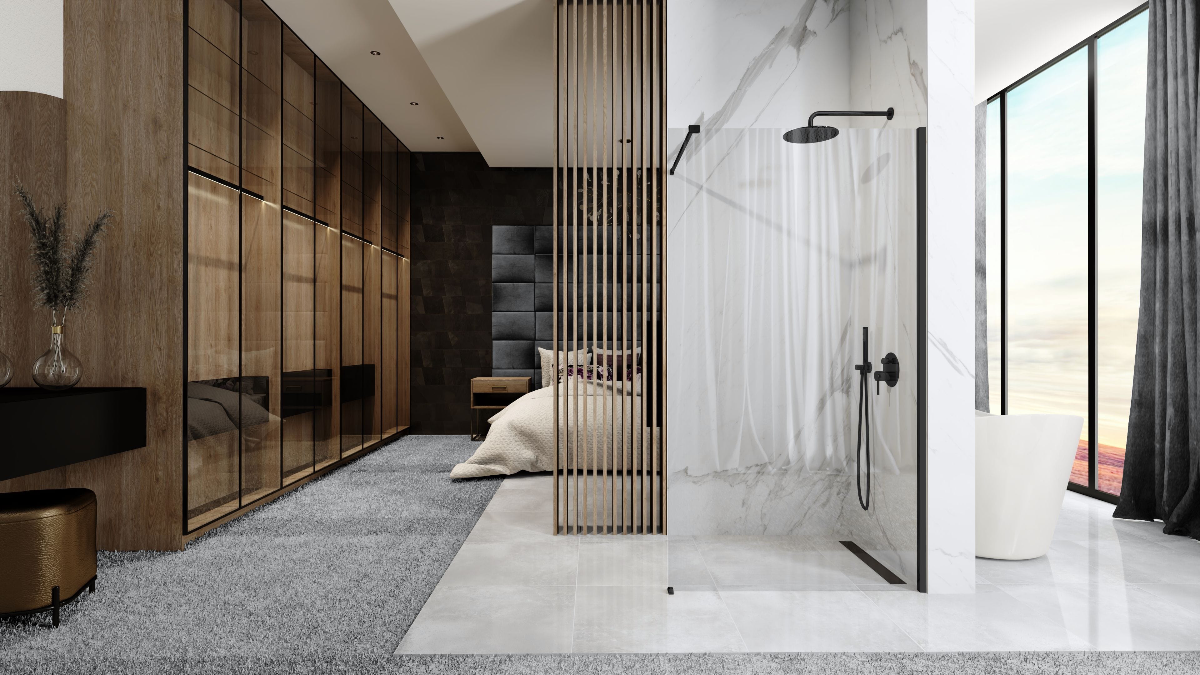 Paravan de duș Rea Aero, tip walk-in, pliabil negru mat, 100 cm