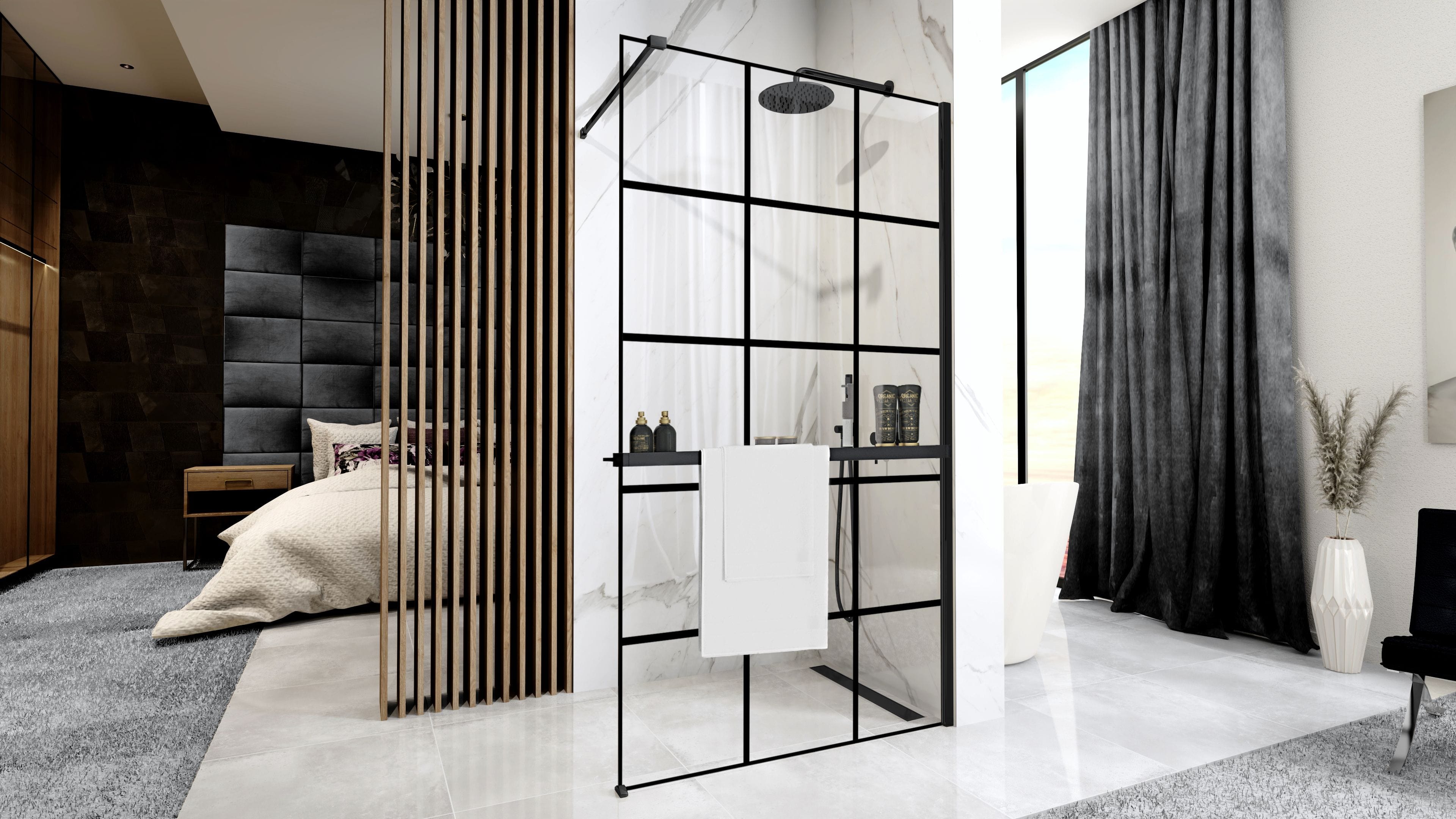 Paravan de duș Rea Bler-1 Evo Squares, cu suport de prosoape și raft, negru, 110 cm