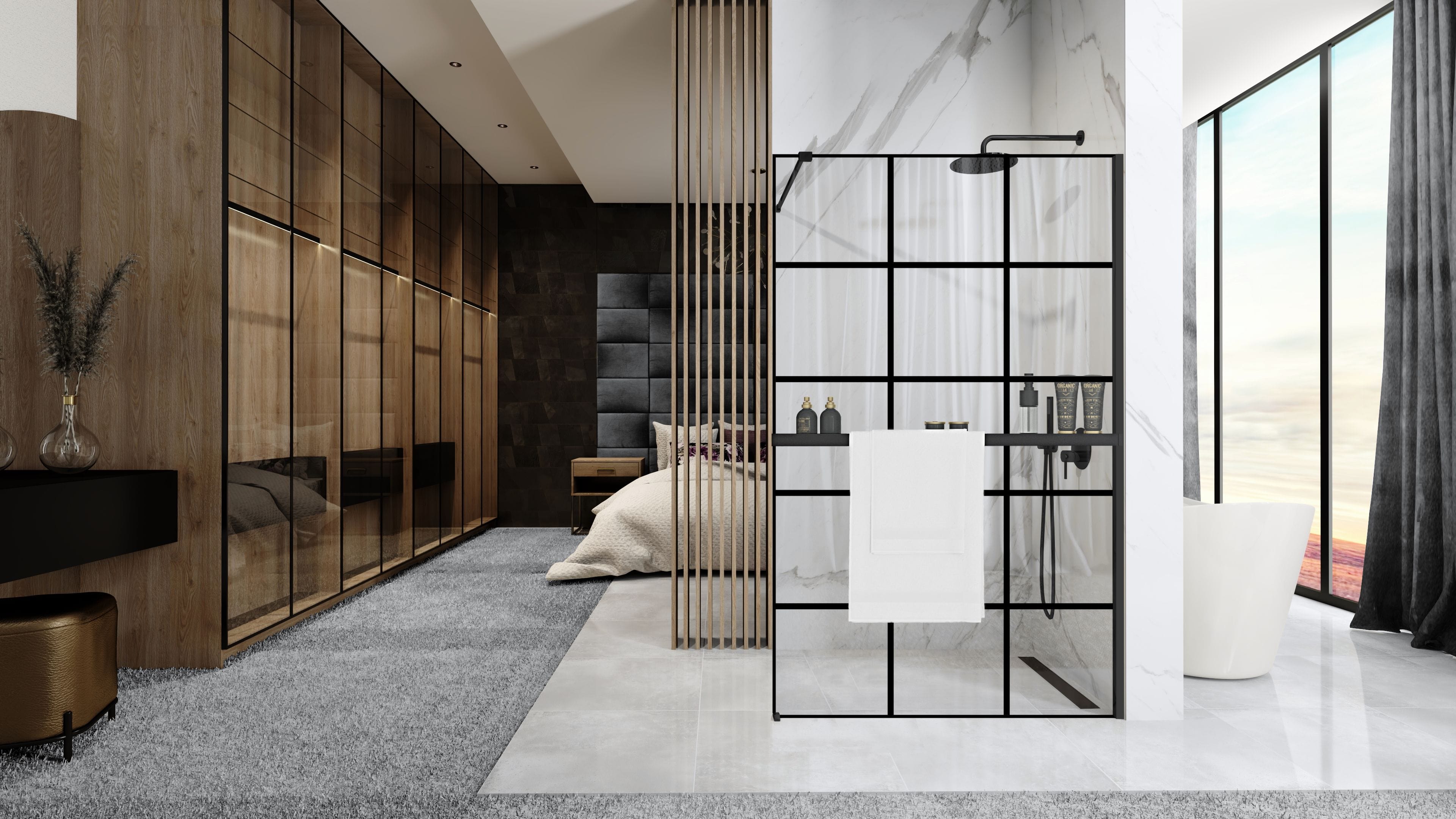 Paravan de duș Rea Bler-1 Evo Squares, cu suport de prosoape și raft, negru, 120 cm