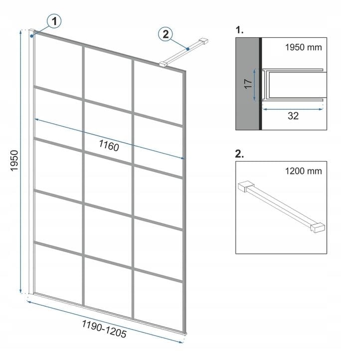 Paravan de duș Rea Bler-1 Evo Squares, cu suport de prosoape și raft, negru, 120 cm