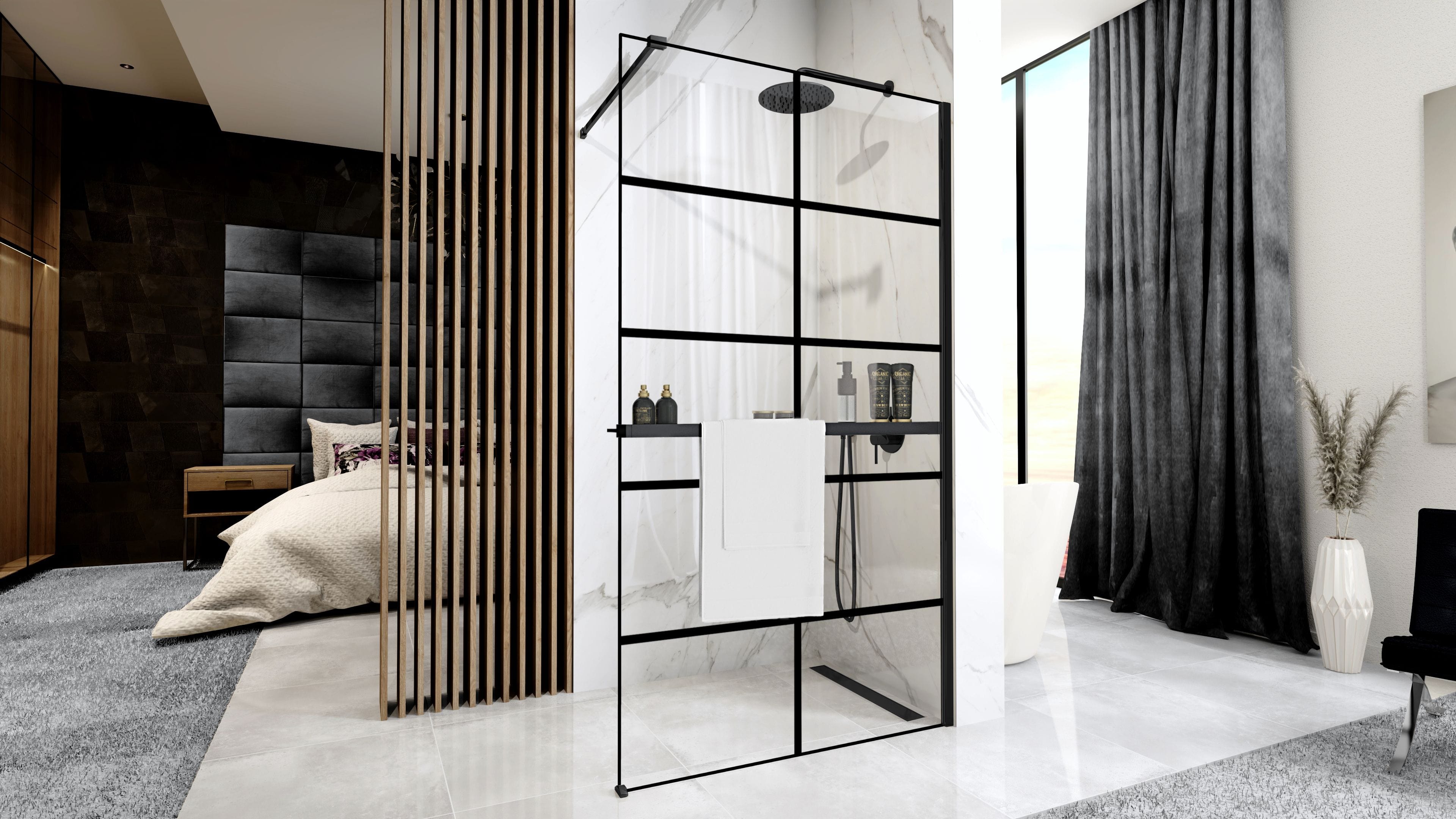 Paravan de duș Rea Bler-1 Evo Squares, cu suport de prosoape și raft, negru, 80 cm