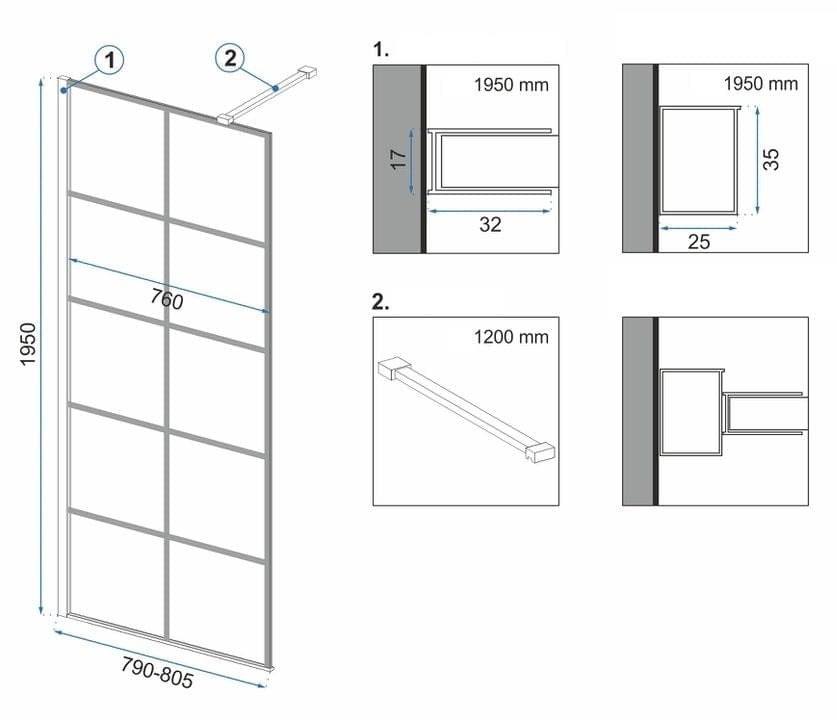 Paravan de duș Rea Bler-1 Evo Squares, cu suport de prosoape și raft, negru, 80 cm