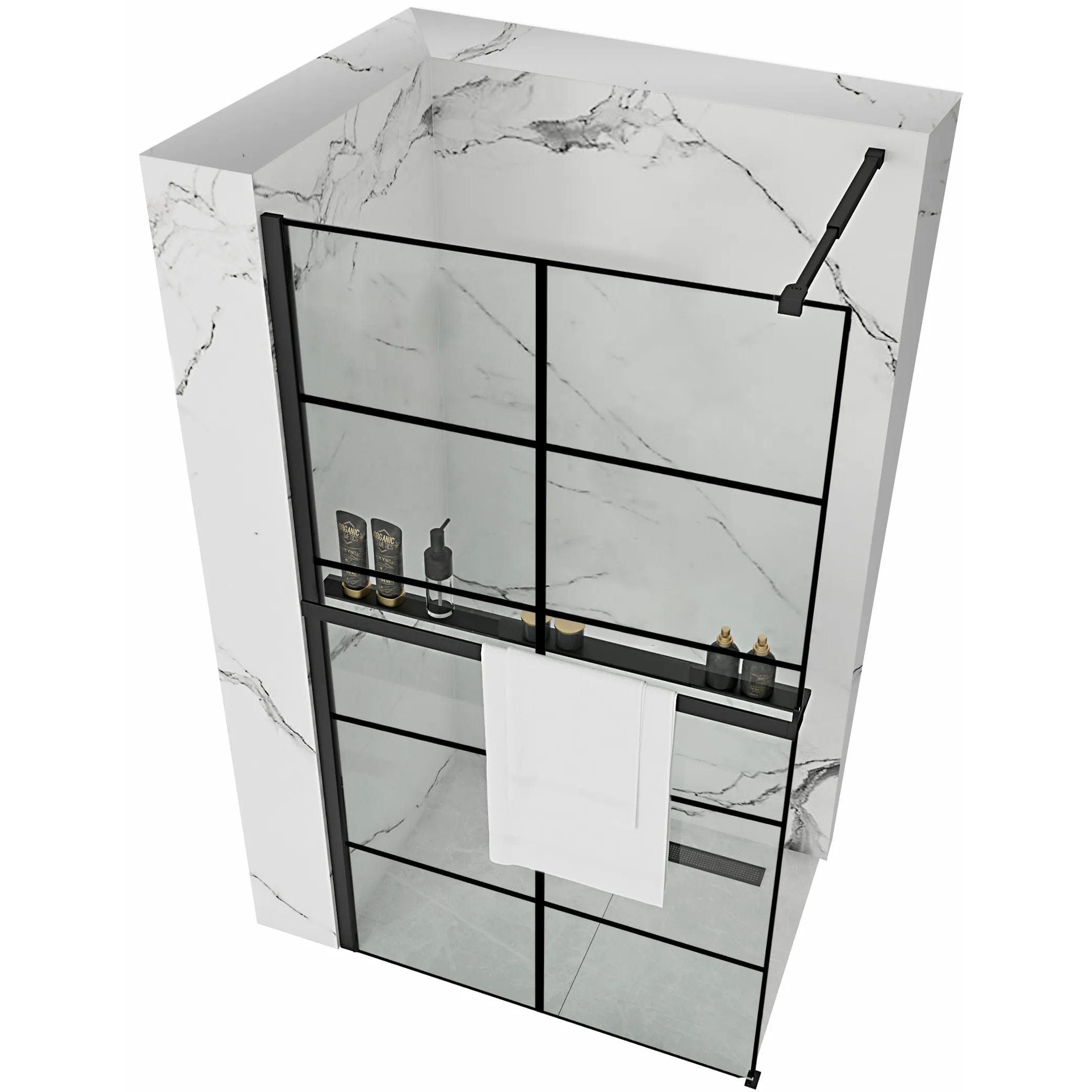Paravan de duș Rea Bler-1 Evo Squares, cu suport de prosoape și raft, negru, 90 cm