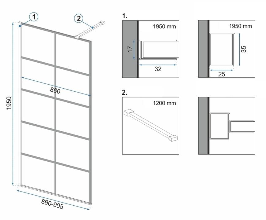 Paravan de duș Rea Bler-1 Evo Squares, cu suport de prosoape și raft, negru, 90 cm