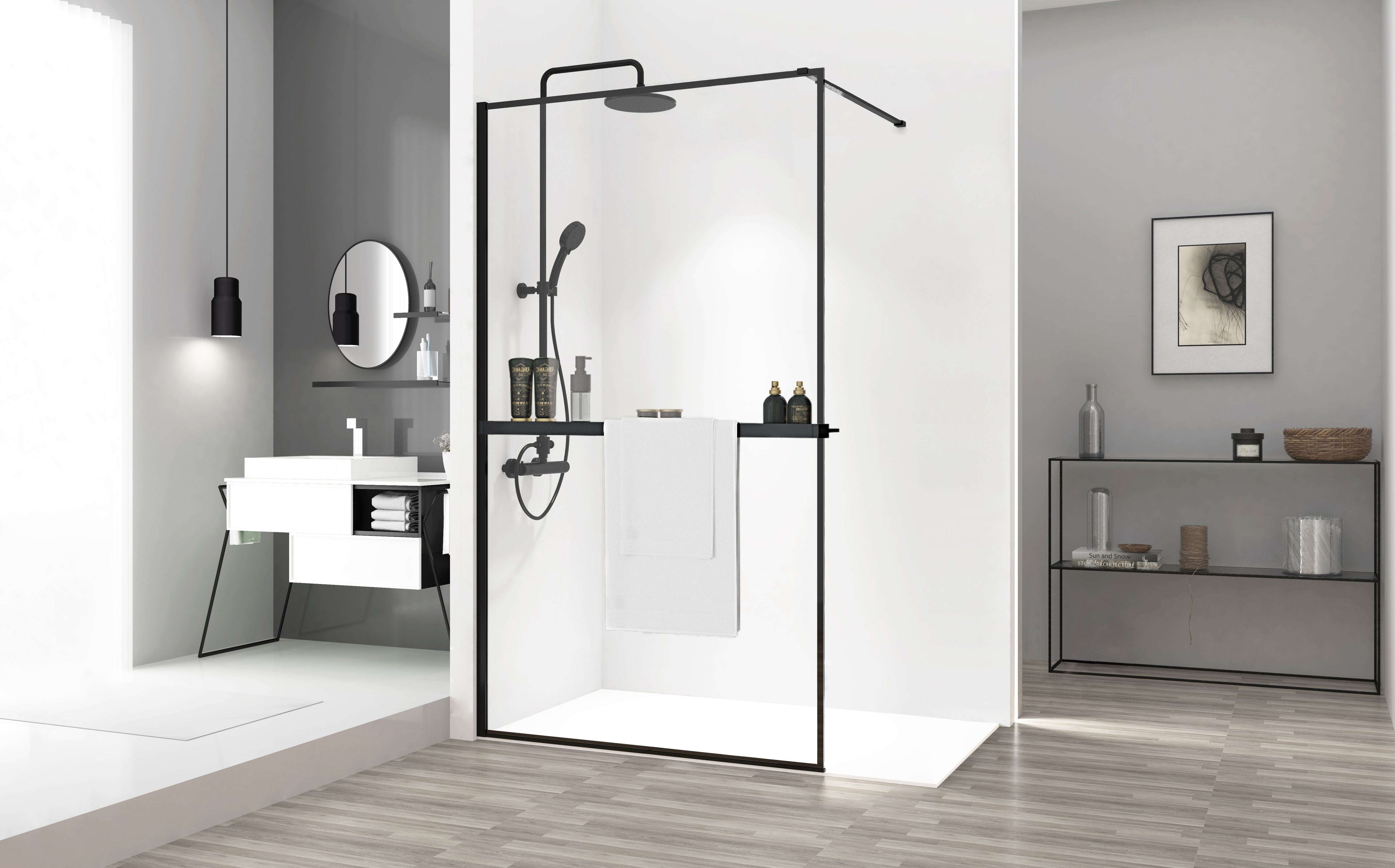 Paravan de duș Rea Bler Evo, tip walk-in, cu suport de prosoape și raft, negru, 110 cm