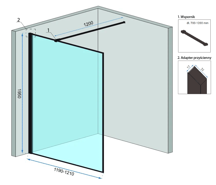 Paravan de duș Rea Bler Evo, tip walk-in, cu suport de prosoape și raft, negru, 120 cm