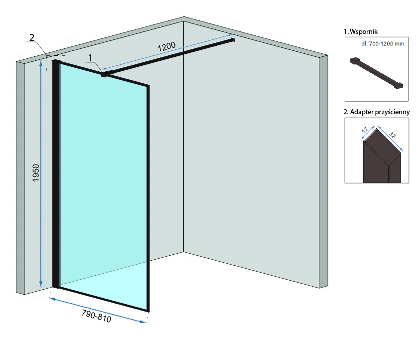 Paravan de duș Rea Bler Evo, tip walk-in, cu suport de prosoape și raft, negru, 80 cm