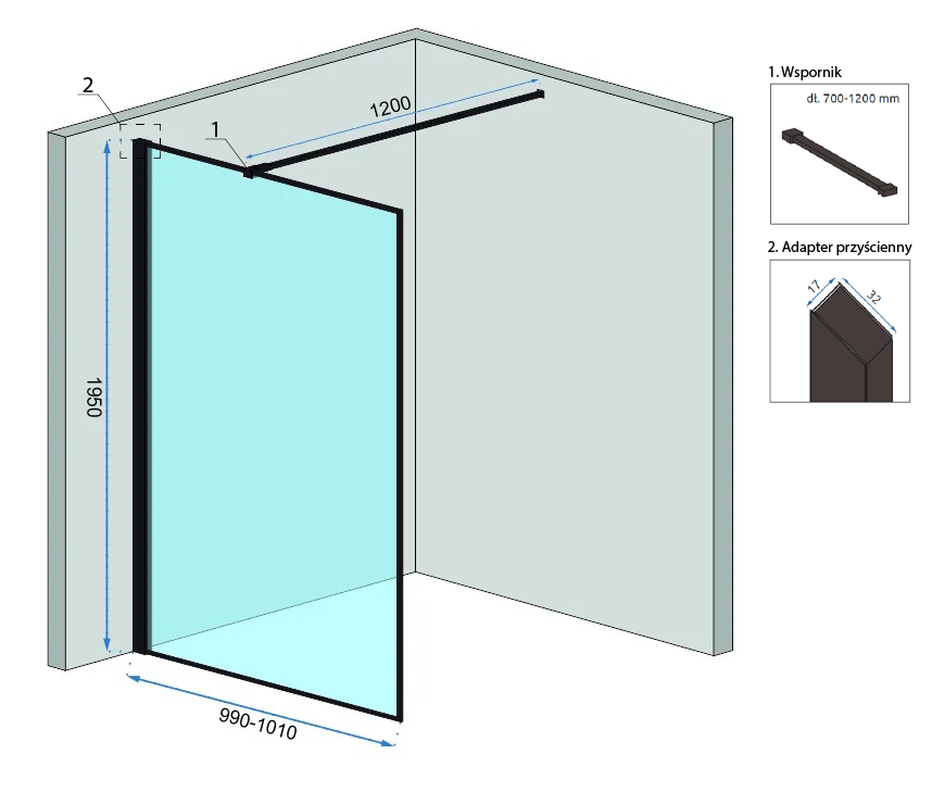 Paravan de duș Rea Bler, tip walk-in, negru, 100 cm