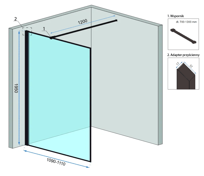 Paravan de duș Rea Bler, tip walk-in, negru - 110 cm