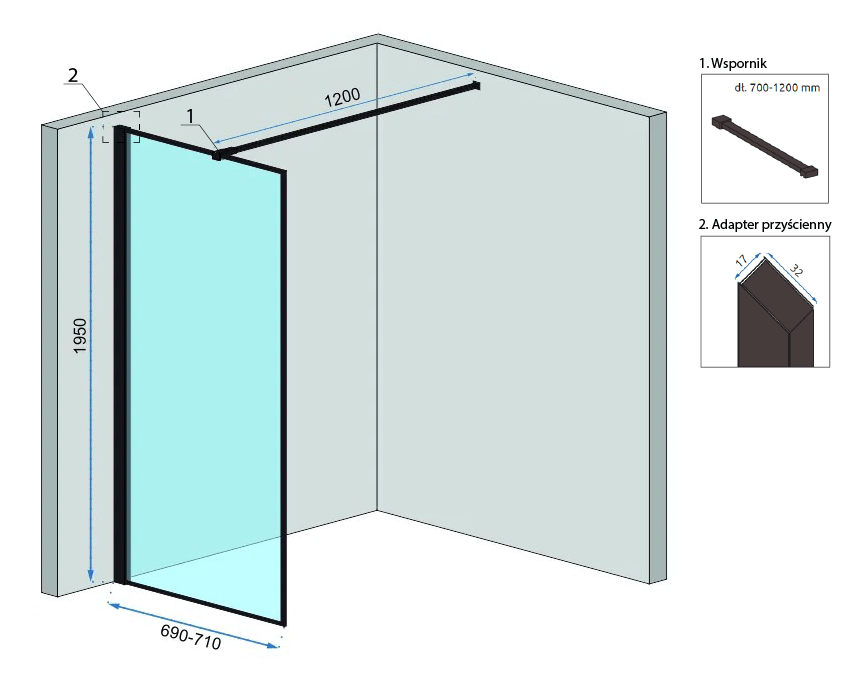 Paravan de duș Rea Bler, tip walk-in, negru, 70 cm