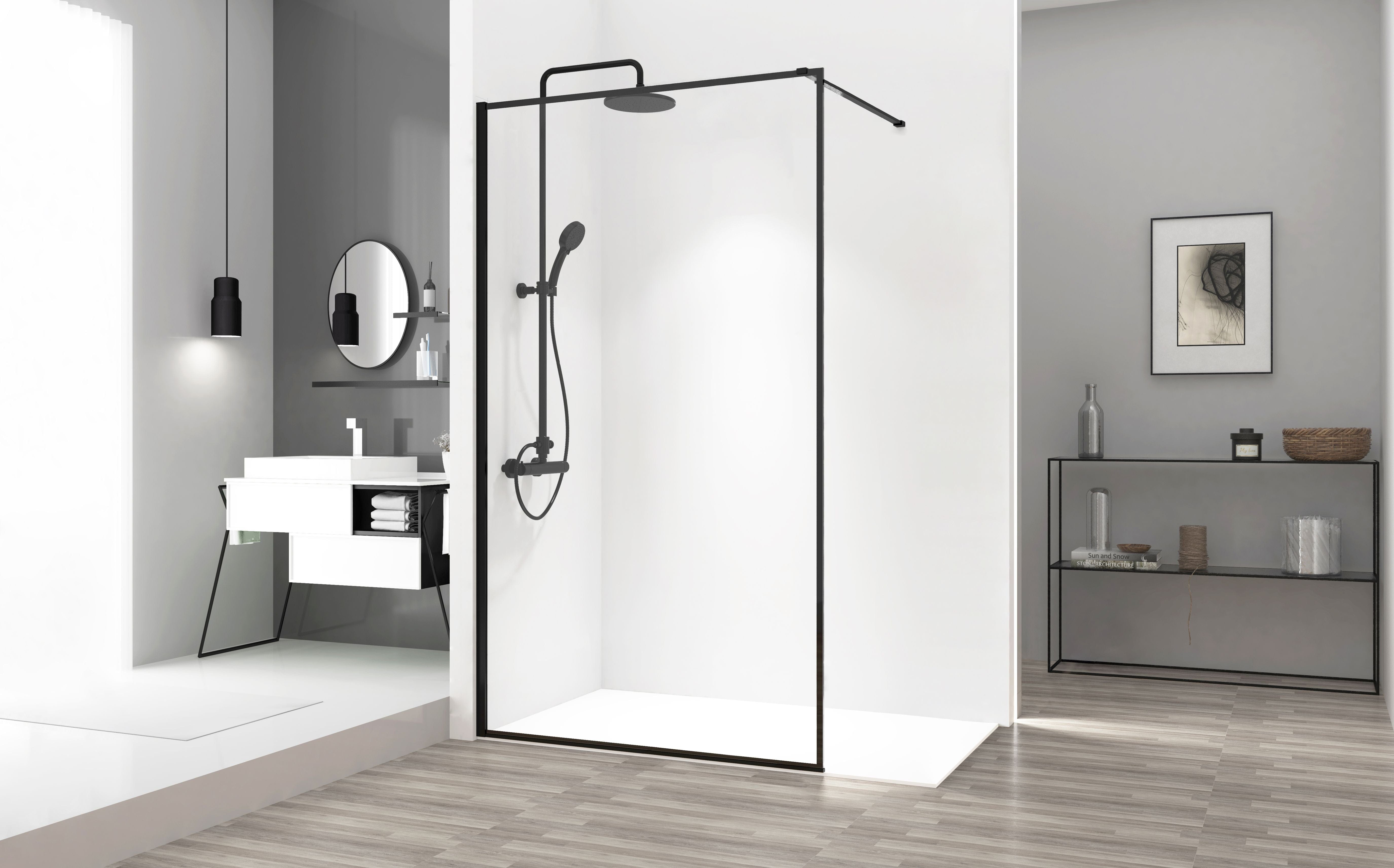 Paravan de duș Rea Bler, tip walk-in, negru, 80 cm