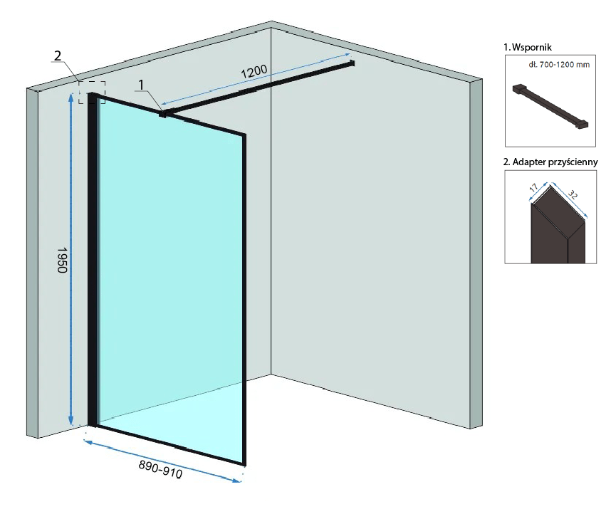 Paravan de duș Rea Bler, tip walk-in, negru, 90 cm