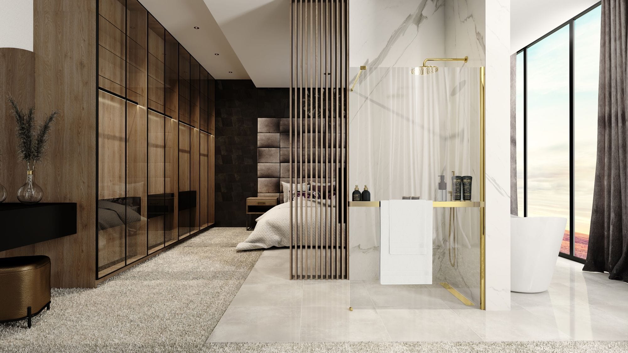 Paravan de dus Rea Aero Evo, tip walk-in, cu suport de prosop, auriu, 120 cm